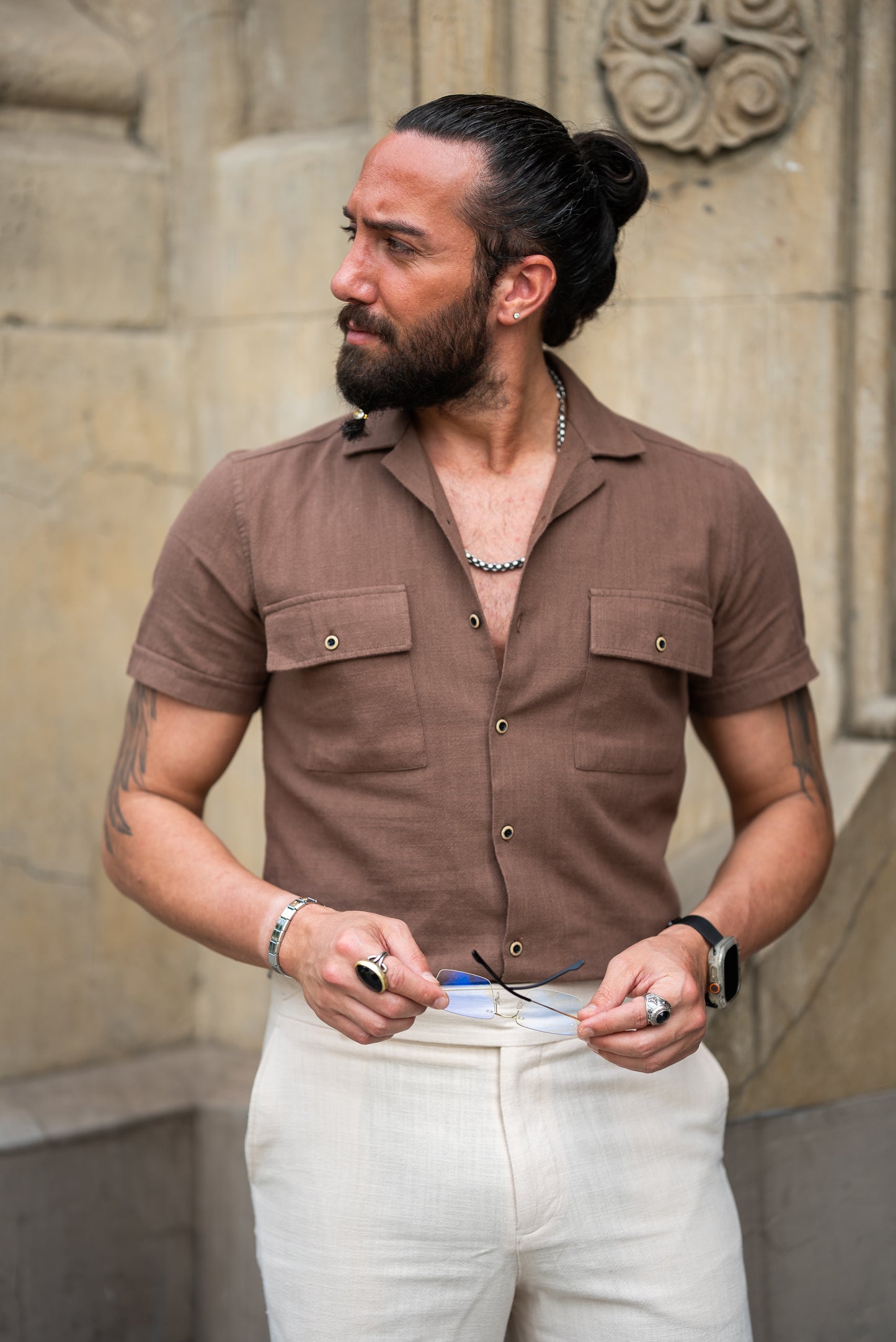 Brabion Maison Brown Slim Fit Textured Cotton Shirt