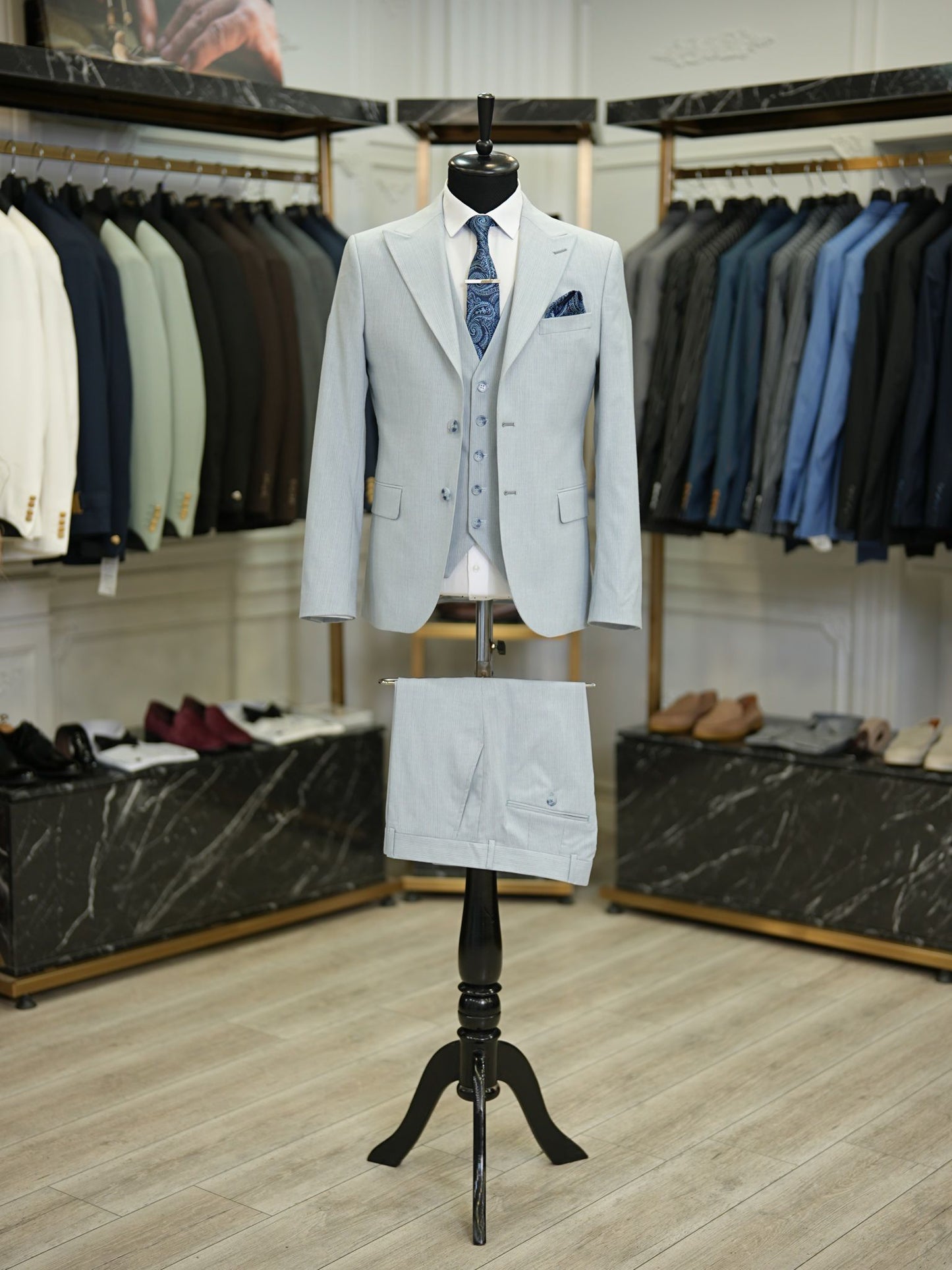 Brabion Maison Light Blue Slim Fit Pinstripe Suit