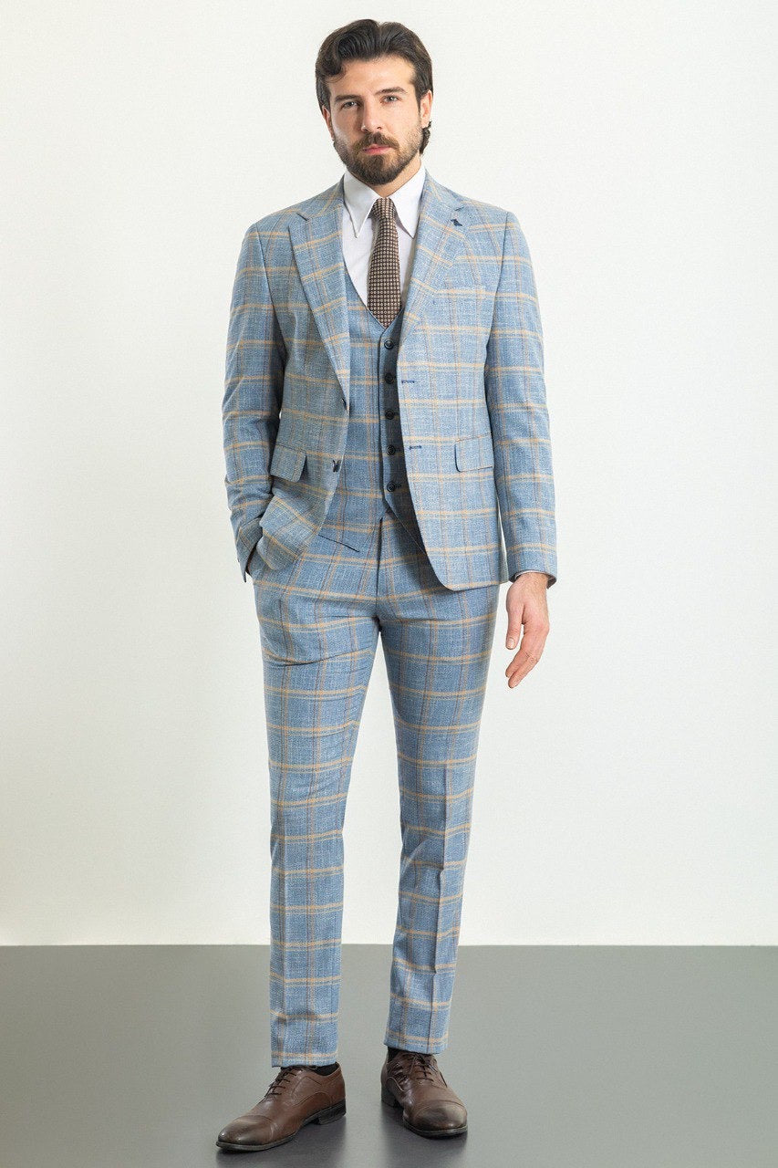 Brabion Rocco Blue Slim Fit Notch Lapel 3 Piece Plaid Suit