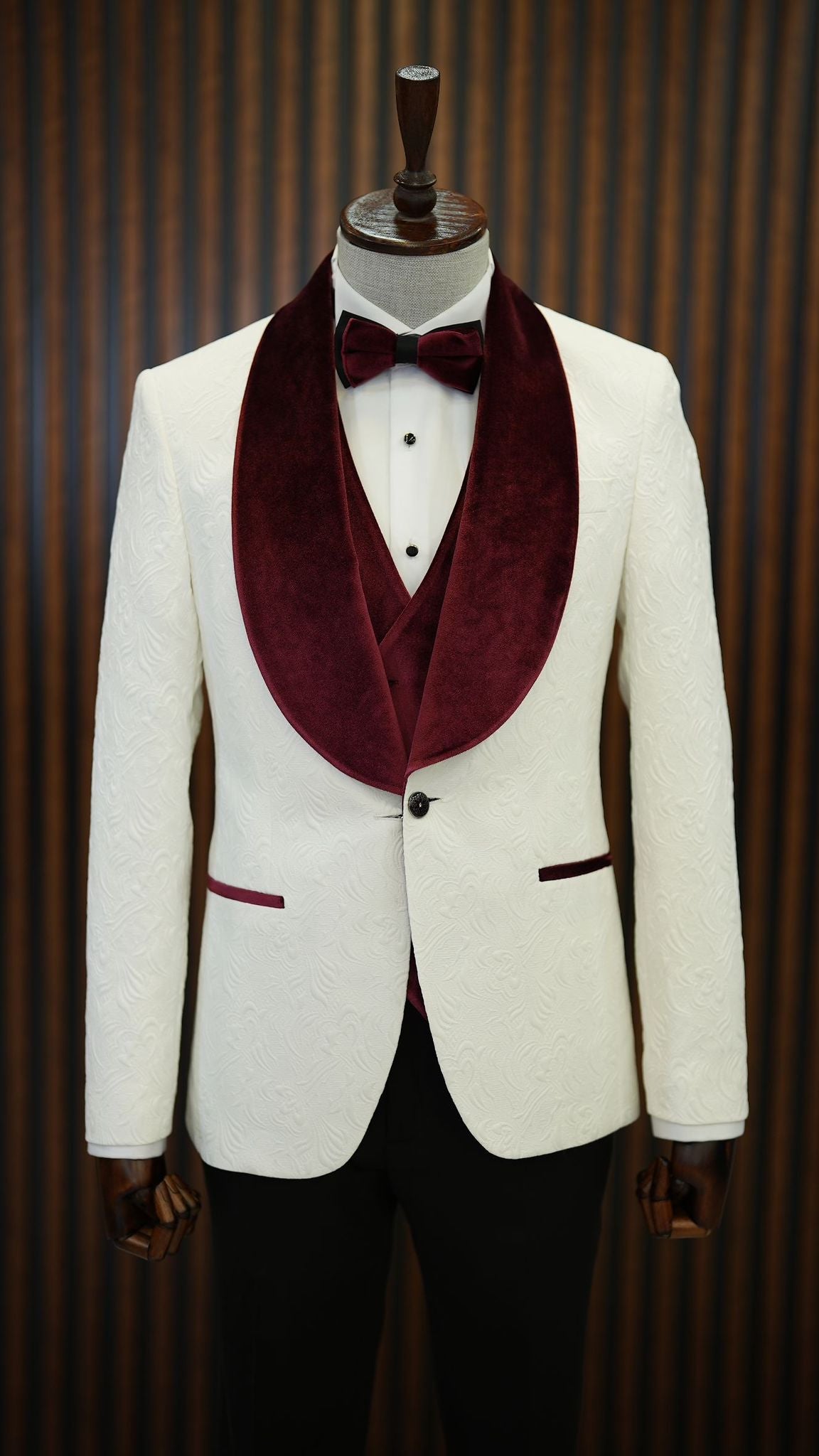 Fiore White Burgundy Slim Fit Velvet Shawl Lapel Tuxedo