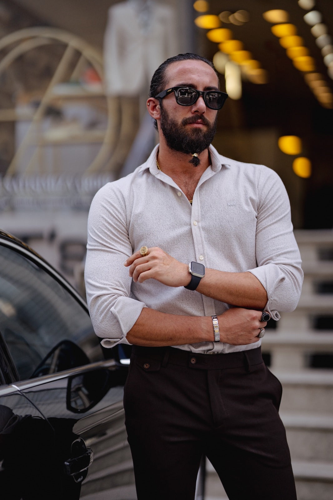 Brabion Ardean Beige Slim Fit Textured Cotton Shirt