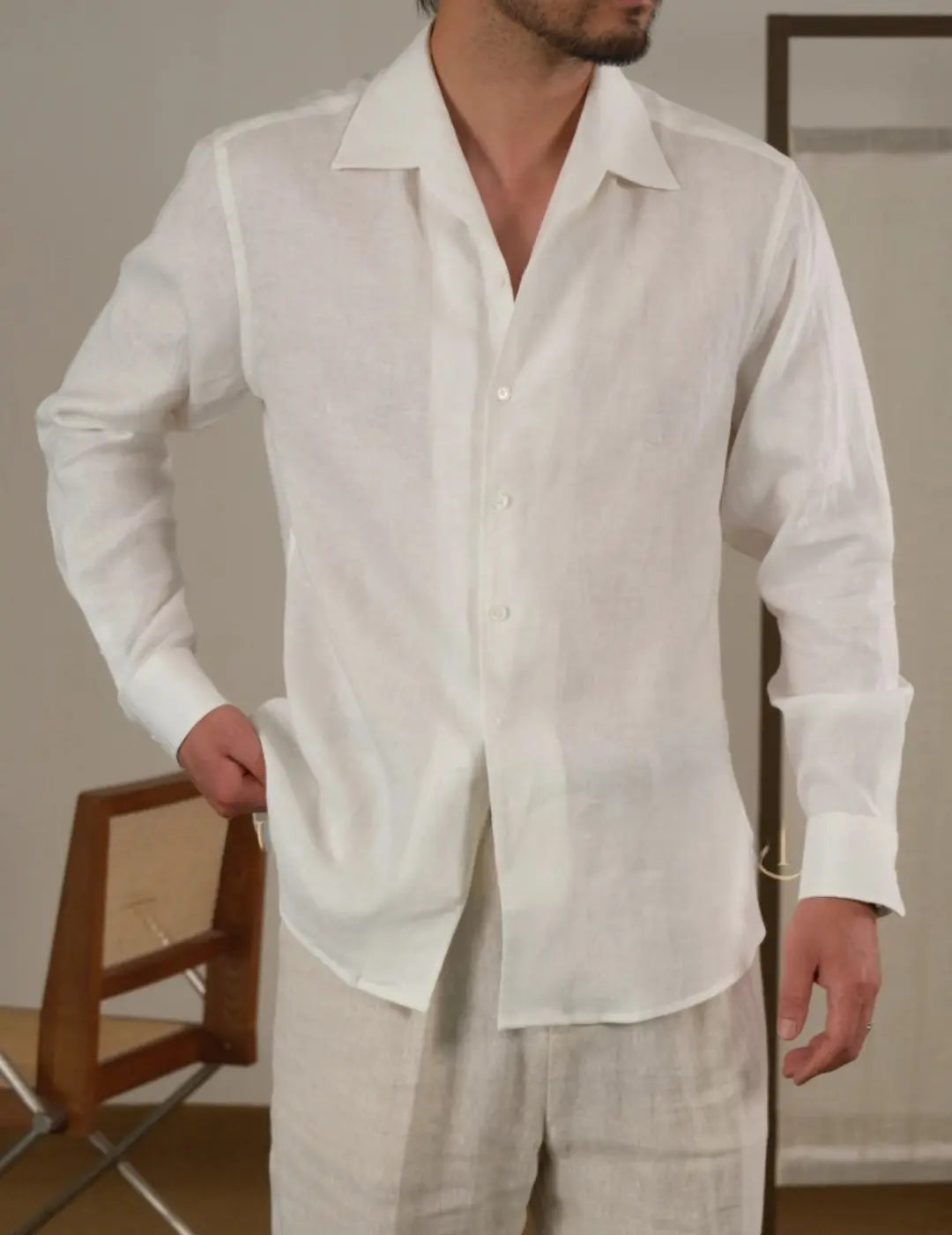 Men's Linen Cuban Collar Long Sleeve Shirt