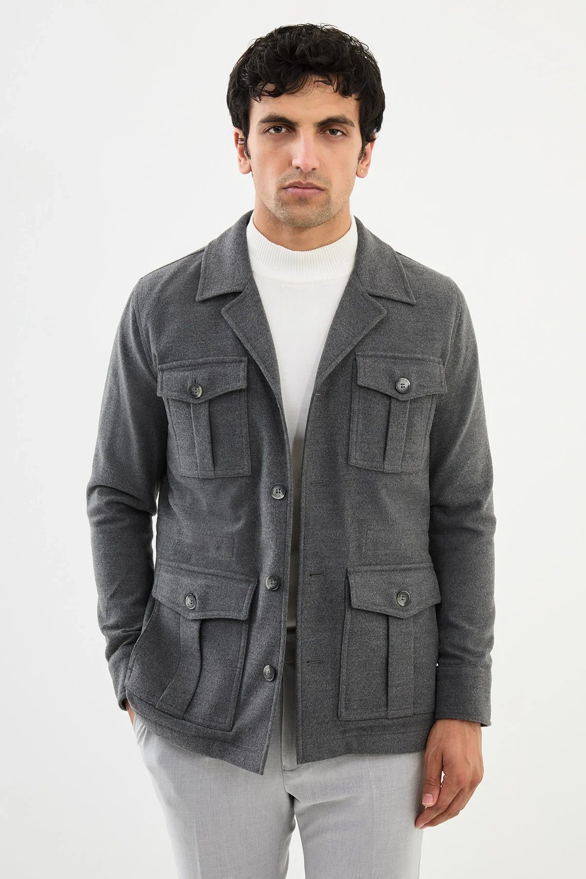 Bojoni Capena Safari Plain Gray Slim Fit Coat