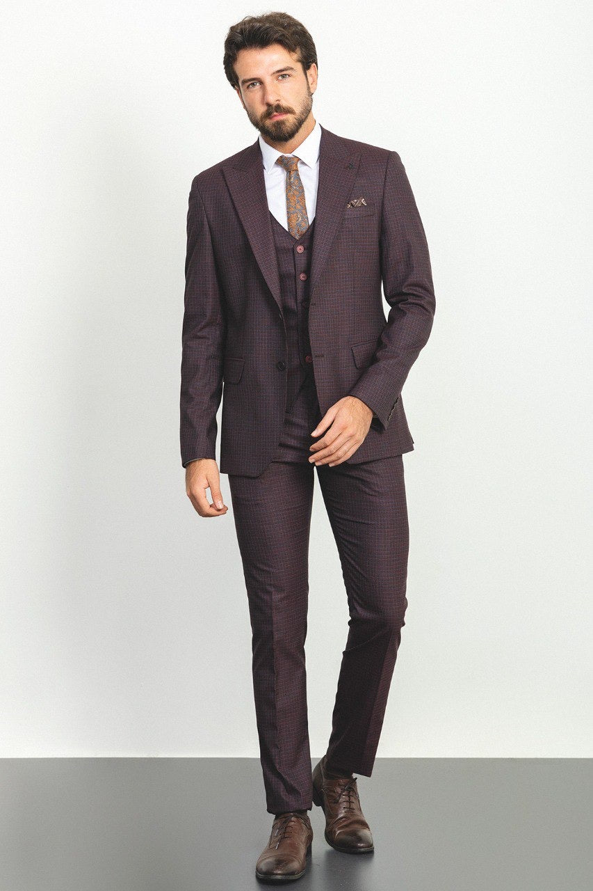 Brabion Rocco Burgundy Slim Fit Peak Lapel 3 Piece Check Suit