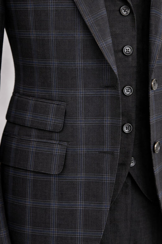 Dark Navy Plaid Slim-Fit Suit 3-Piece