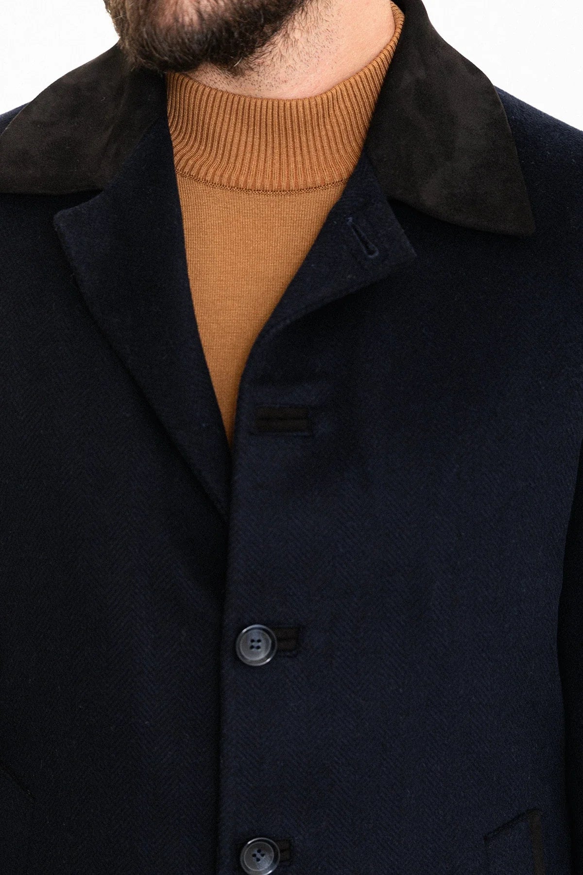 Bojoni Capena Patterned Slim Fit Collar Detailed Stamped Navy Blue Coat