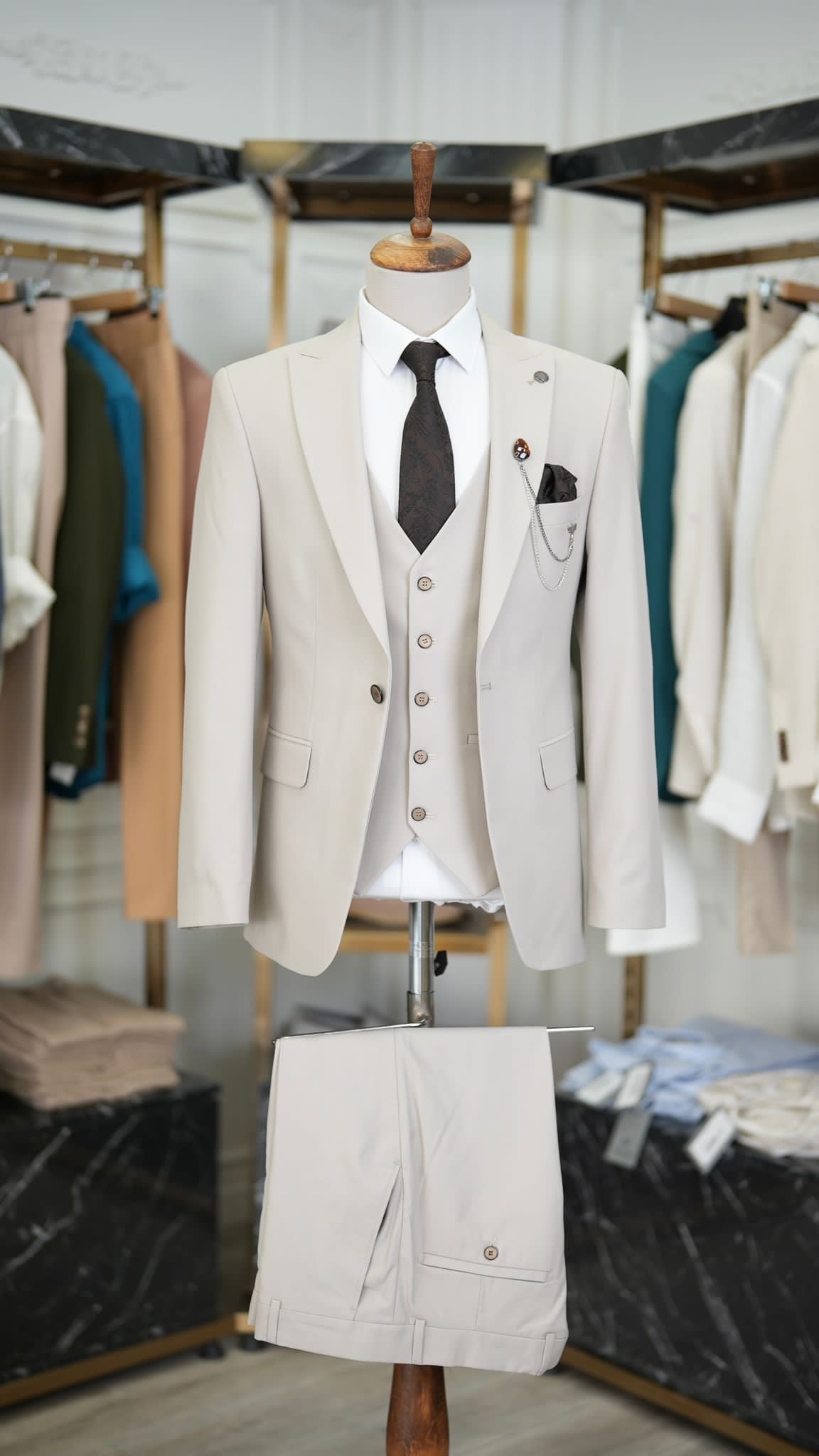 Paul Beige Slim Fit 3 Piece Peak Lapel Suit