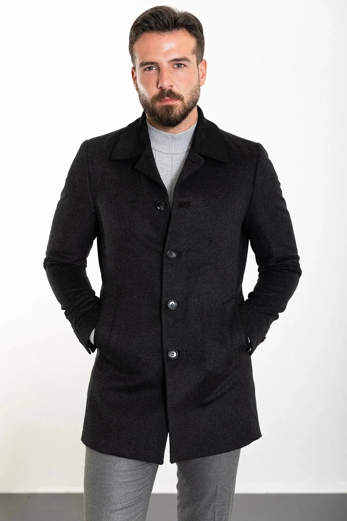 Bojoni Capena Patterned Slim Fit Collar Detailed Stamped Black Coat
