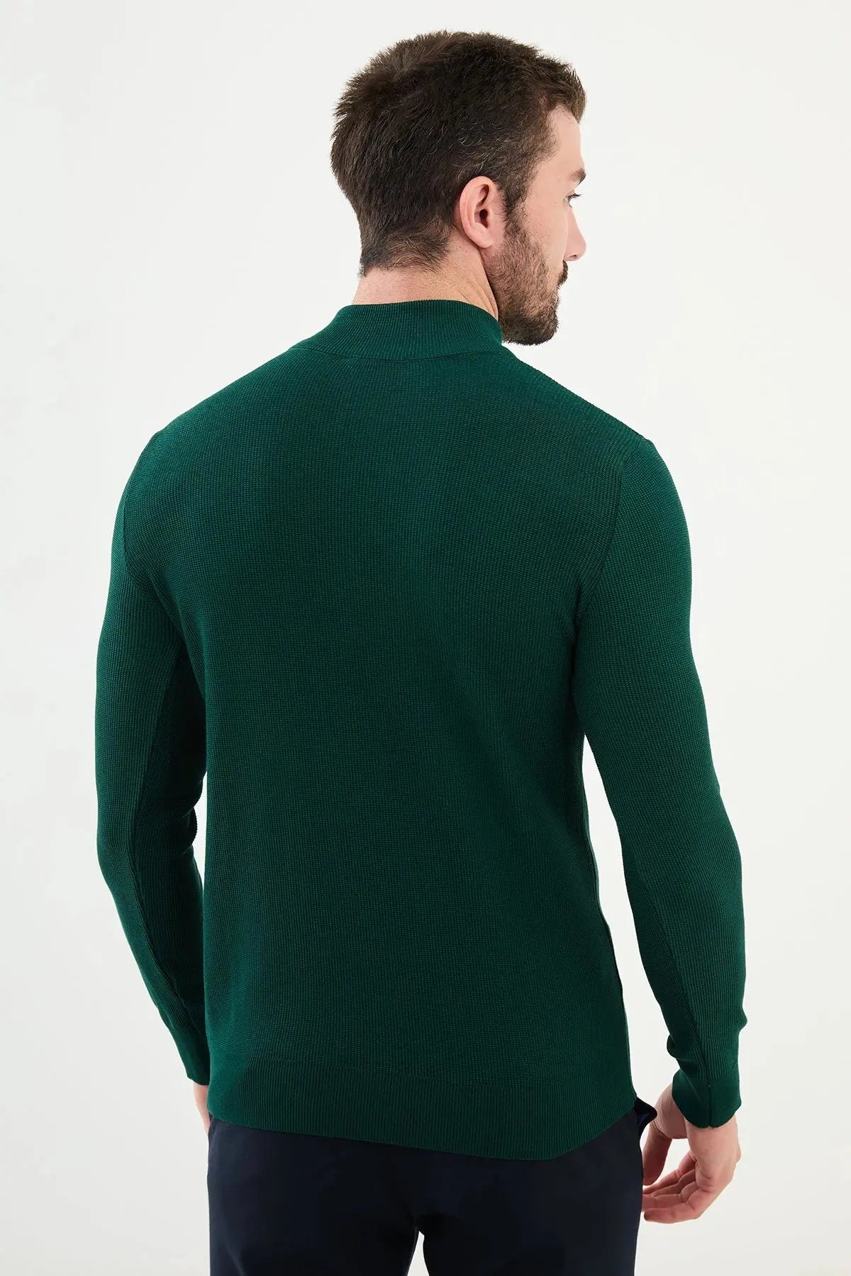 Bojoni Capena Textured Slim Fit Zippered Half Turtleneck Emerald Knitwear Sweater