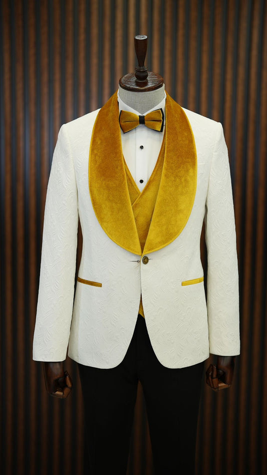 Fiore White Yellow Slim Fit Velvet Shawl Lapel Tuxedo - A Statement of Elegance