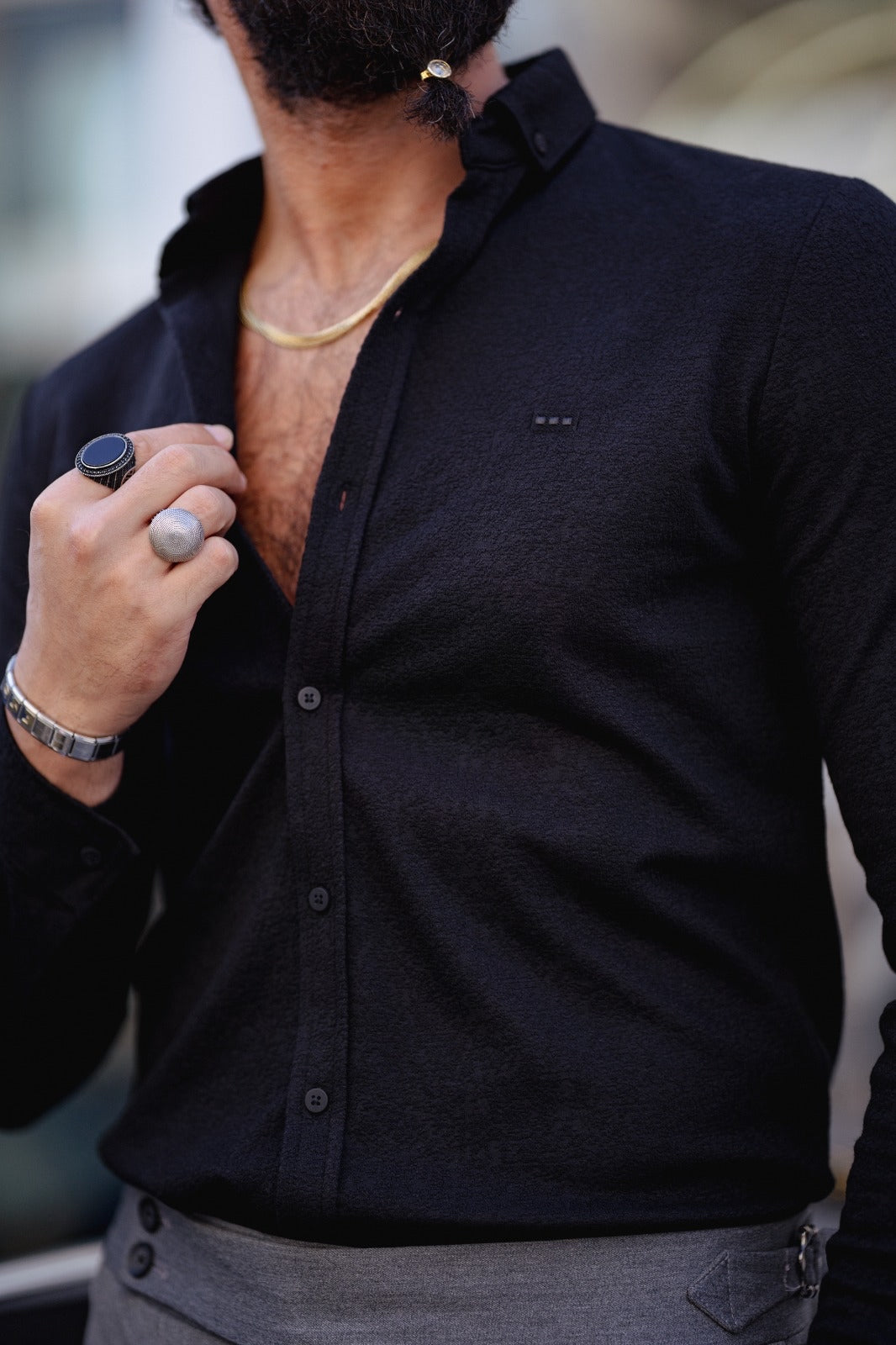 Brabion Ardean Black Slim Fit Textured Cotton Shirt