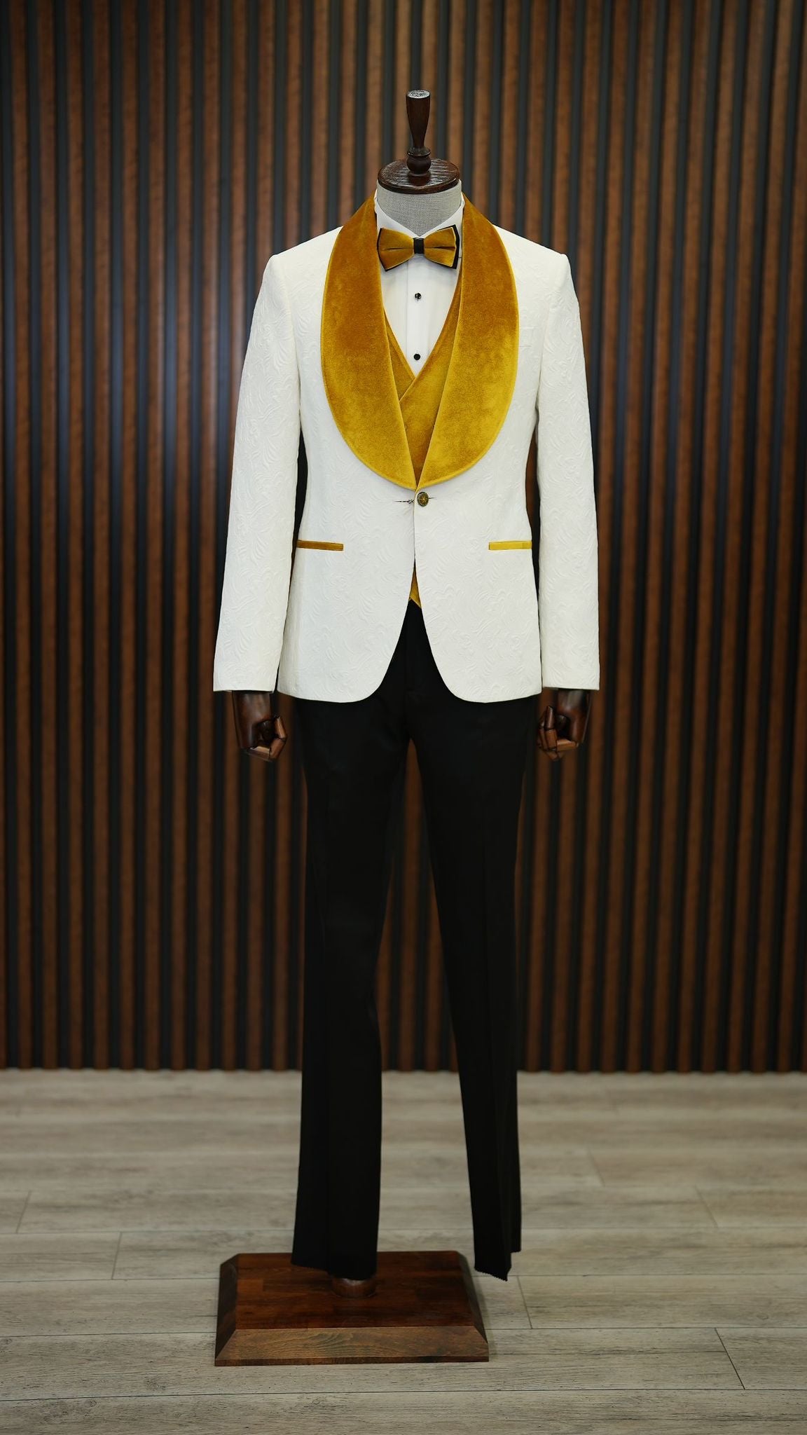 Fiore White Yellow Slim Fit Velvet Shawl Lapel Tuxedo