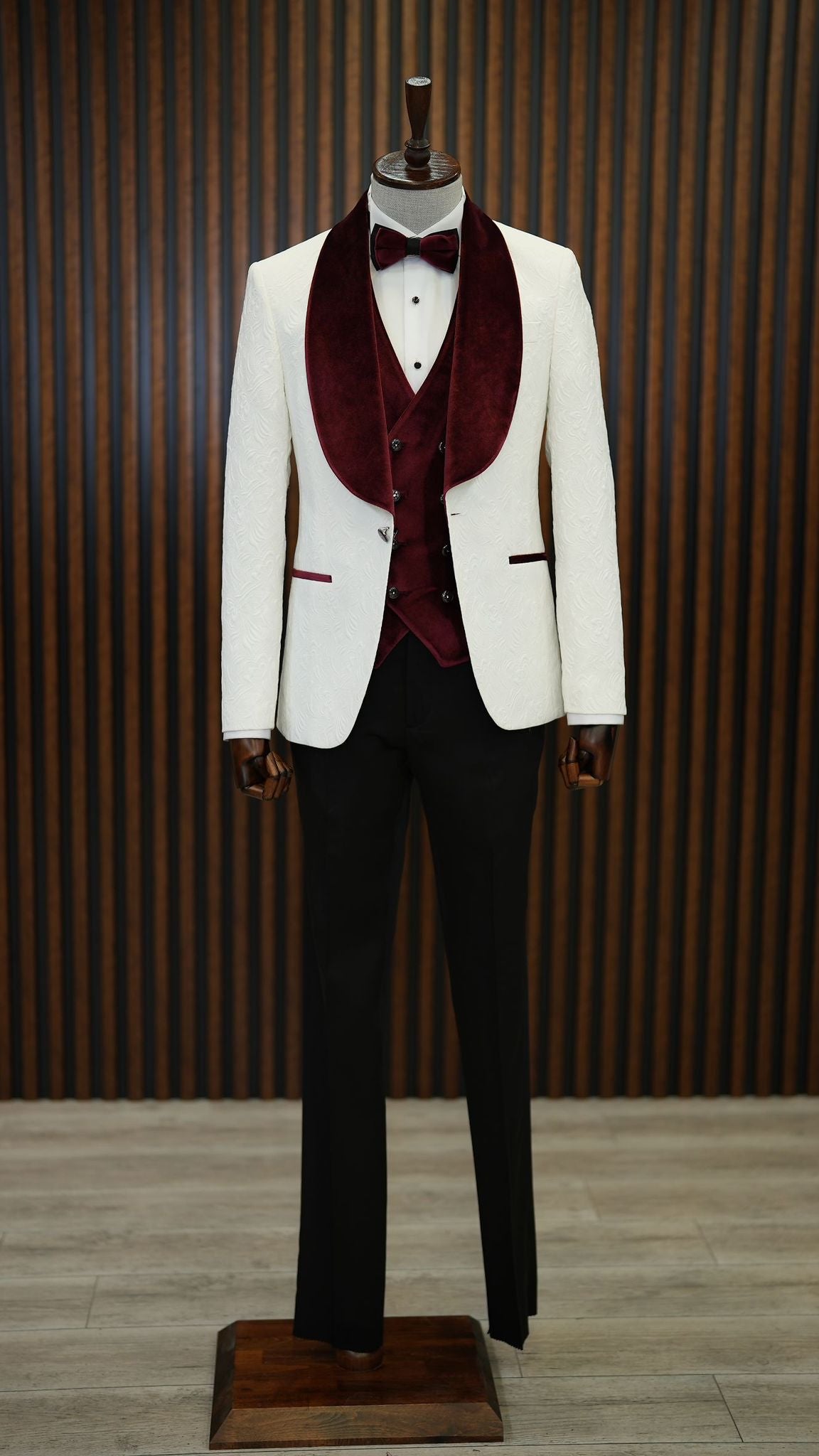 Fiore White Burgundy Slim Fit Velvet Shawl Lapel Tuxedo