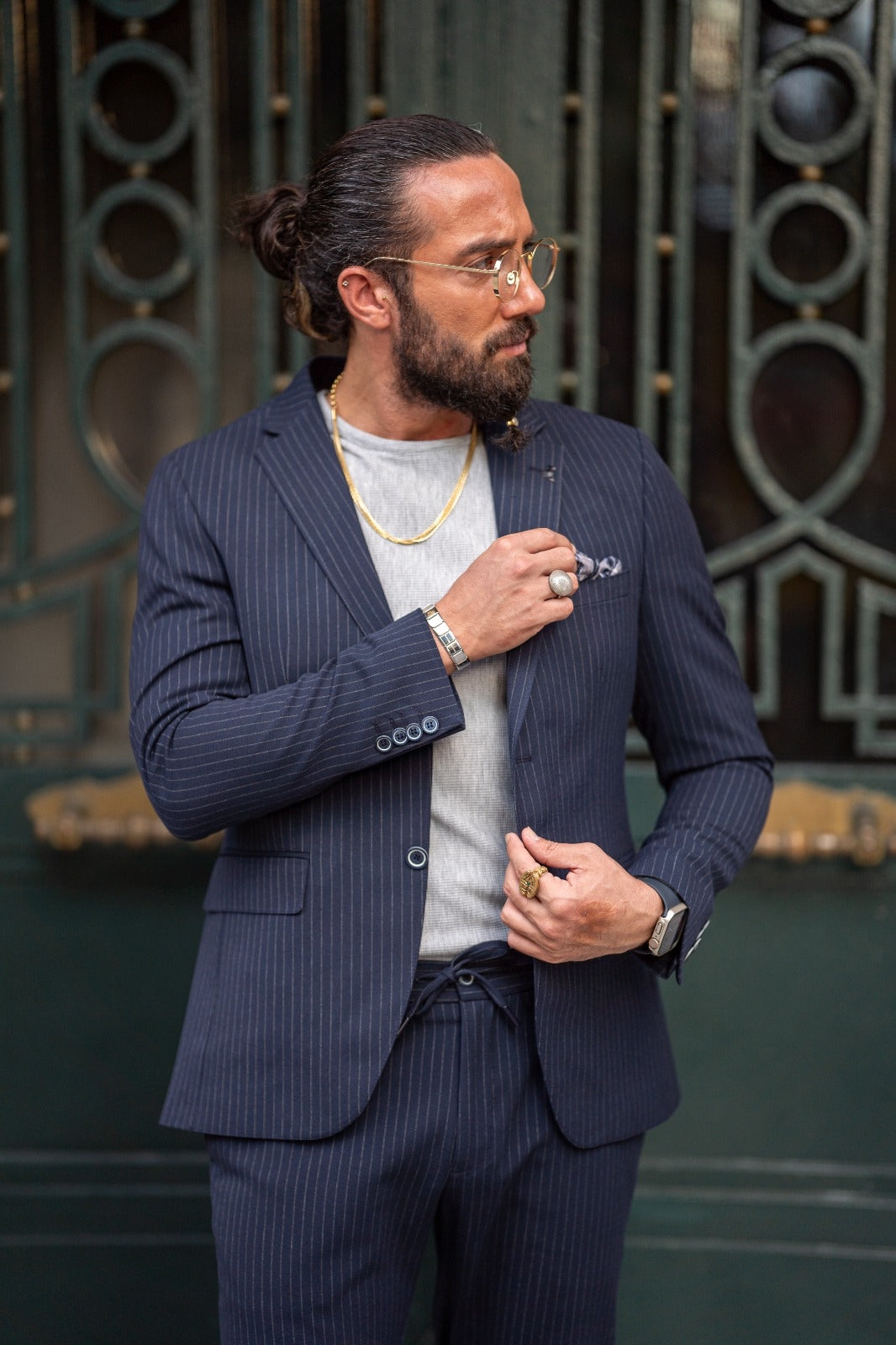 Ardean Navy Blue Slim Fit Notch Lapel Pinstripe Suit