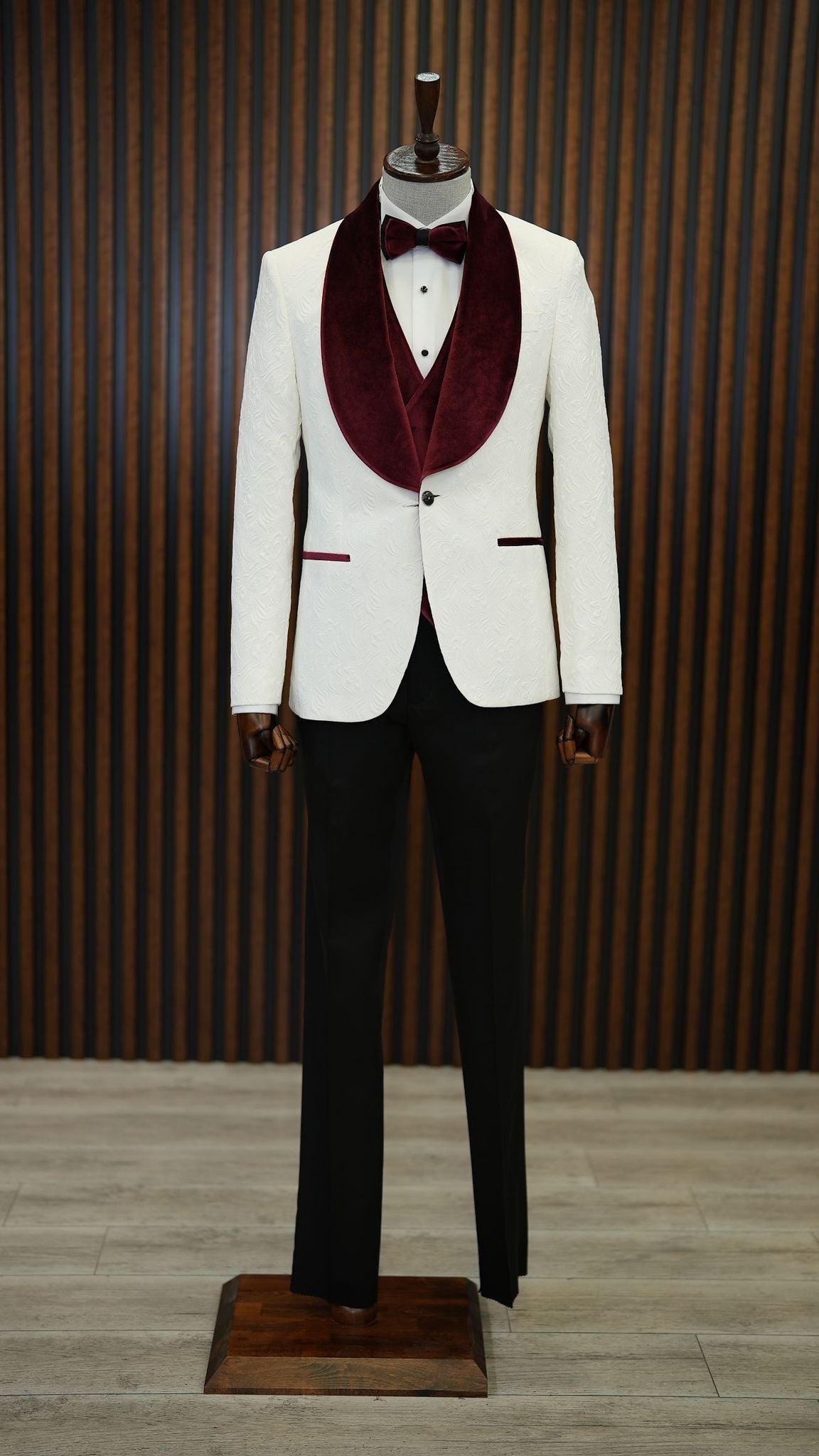 Fiore White Burgundy Slim Fit Velvet Shawl Lapel Tuxedo