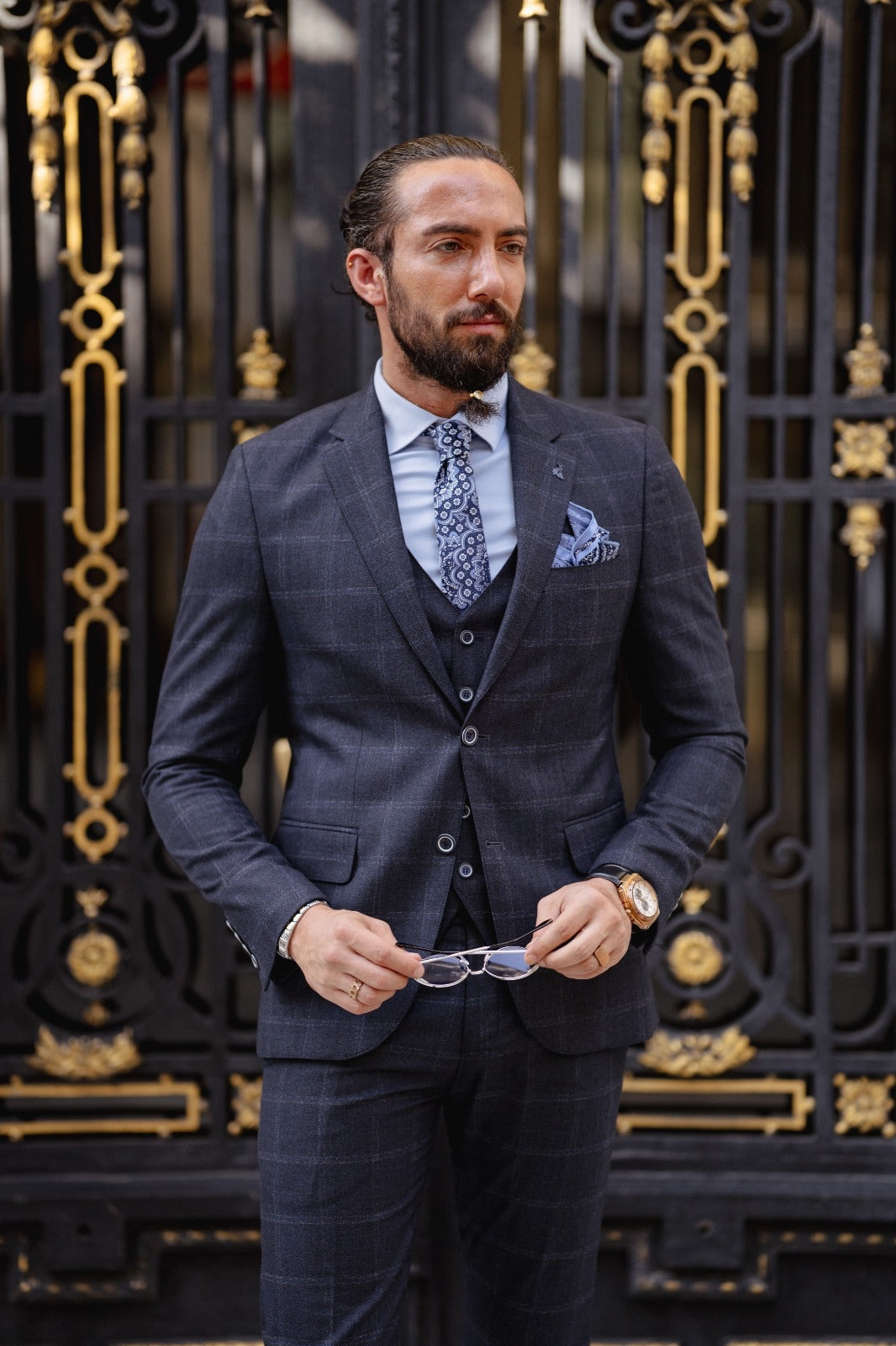 Paris Navy Blue Slim Fit Notch Lapel 3 Piece Check Suit