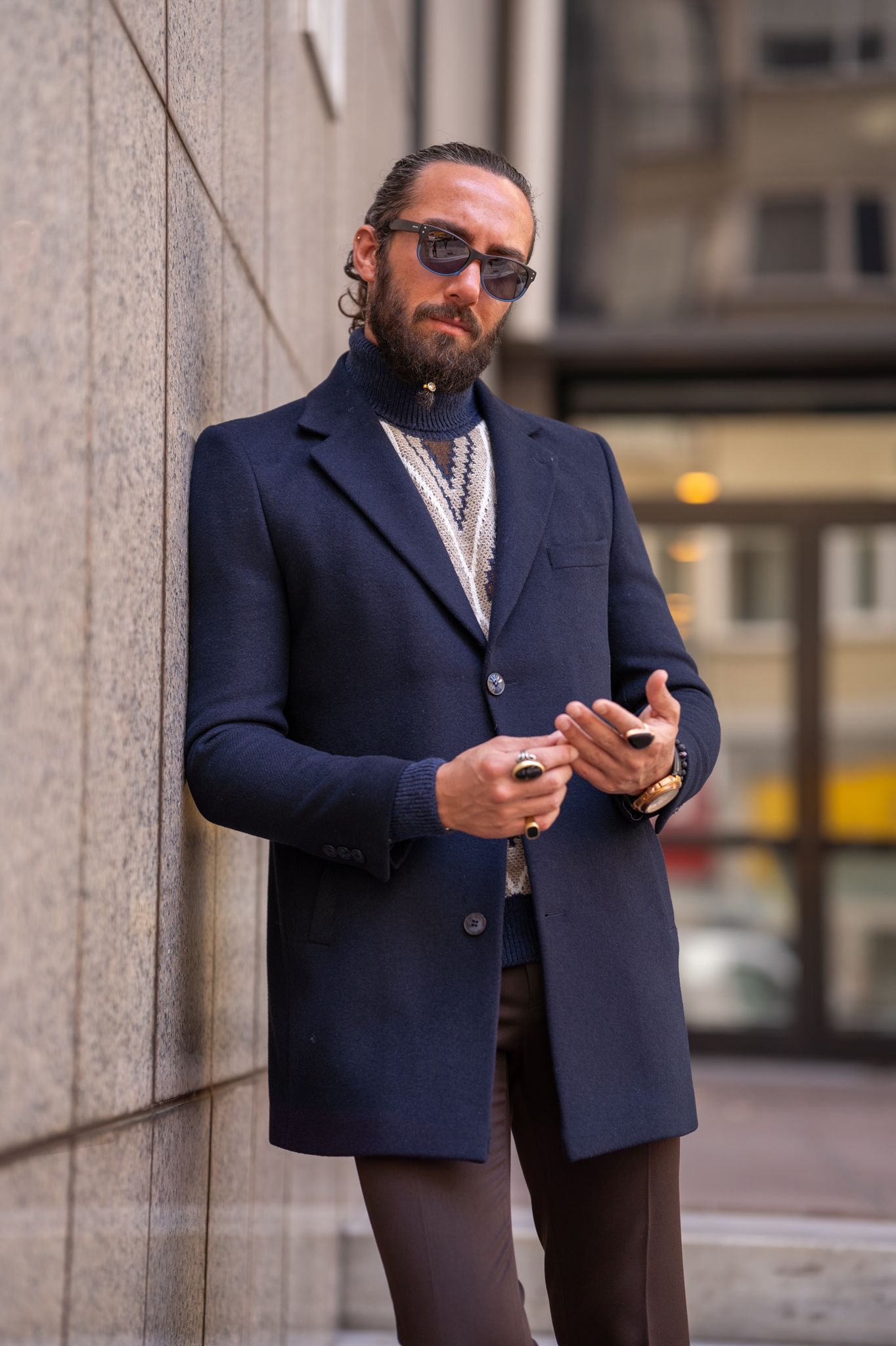 Brabion Navy Blue Slim Fit Single Breasted Long Coat - A Versatile Essential for Any Occasion