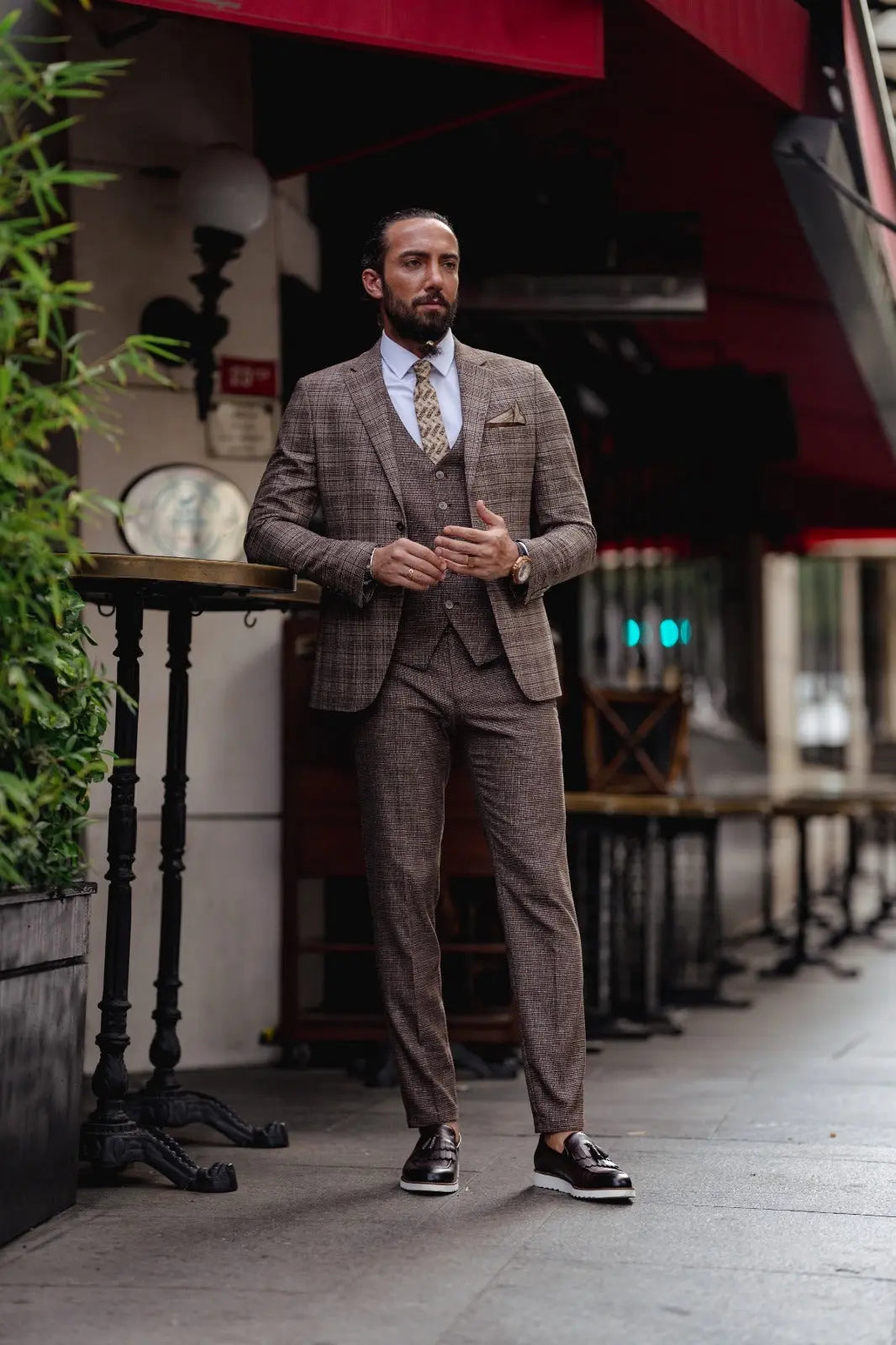 Paris Brown Slim Fit Notch Lapel 3 Piece Plaid Suit for Modern Men brabion