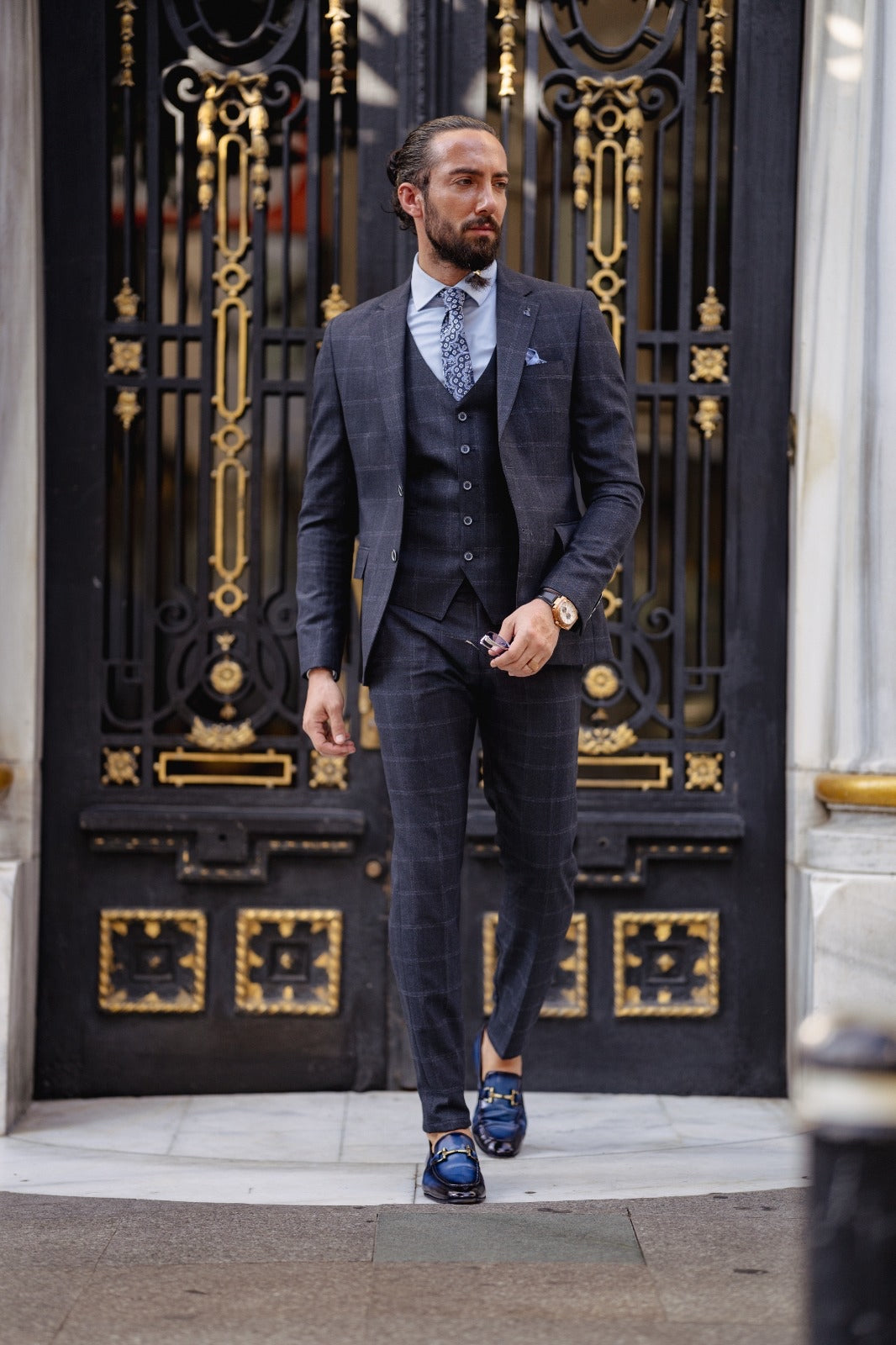 Paris Navy Blue Slim Fit Notch Lapel 3 Piece Check Suit