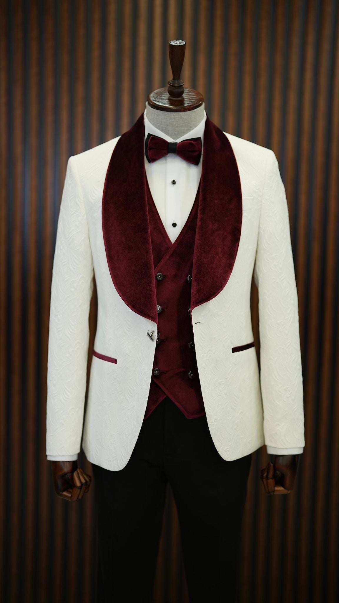 Fiore White Burgundy Slim Fit Velvet Shawl Lapel Tuxedo