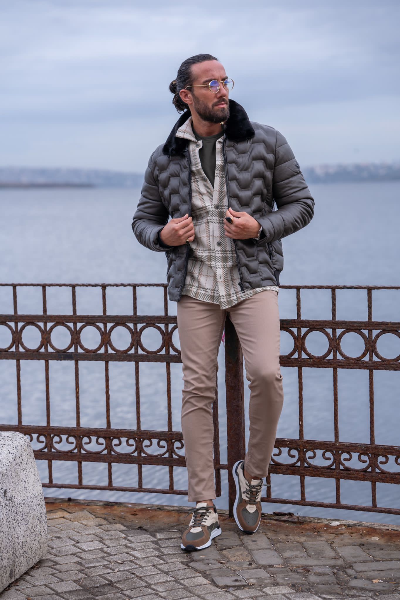 Brabion Gray Slim Fit Fur Coat