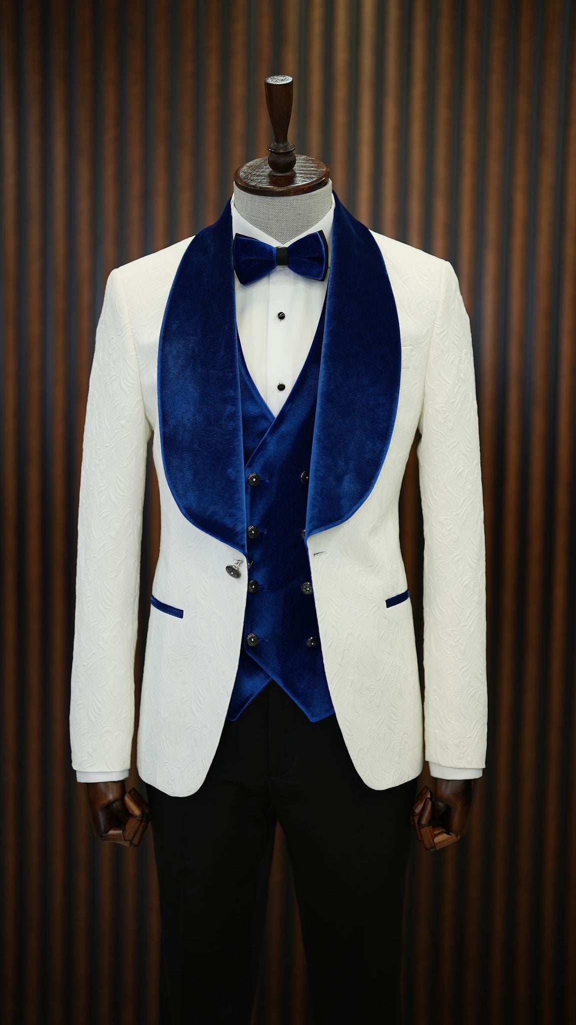 Fiore White Blue Slim Fit Velvet Shawl Lapel Tuxedo