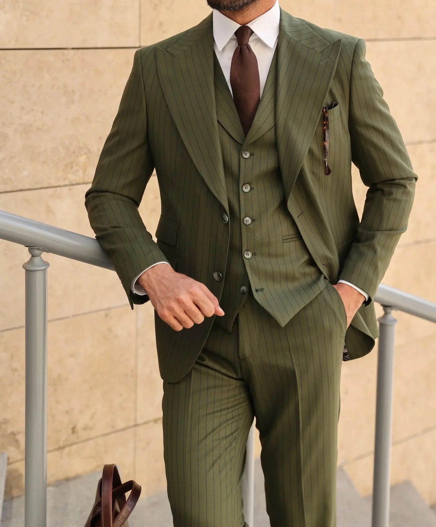 Khaki Striped Slim-Fit Suit 3-Piece VIOSSI