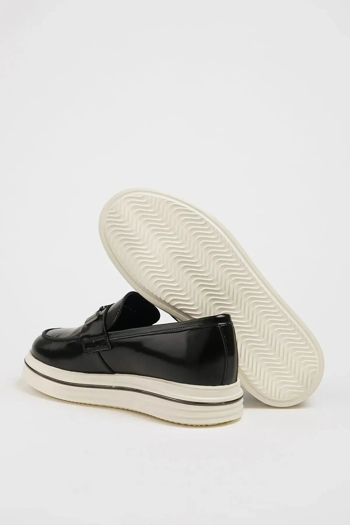 Maison Black Leather Casual Loafers with Open Leather Buckle Detail - BRABION