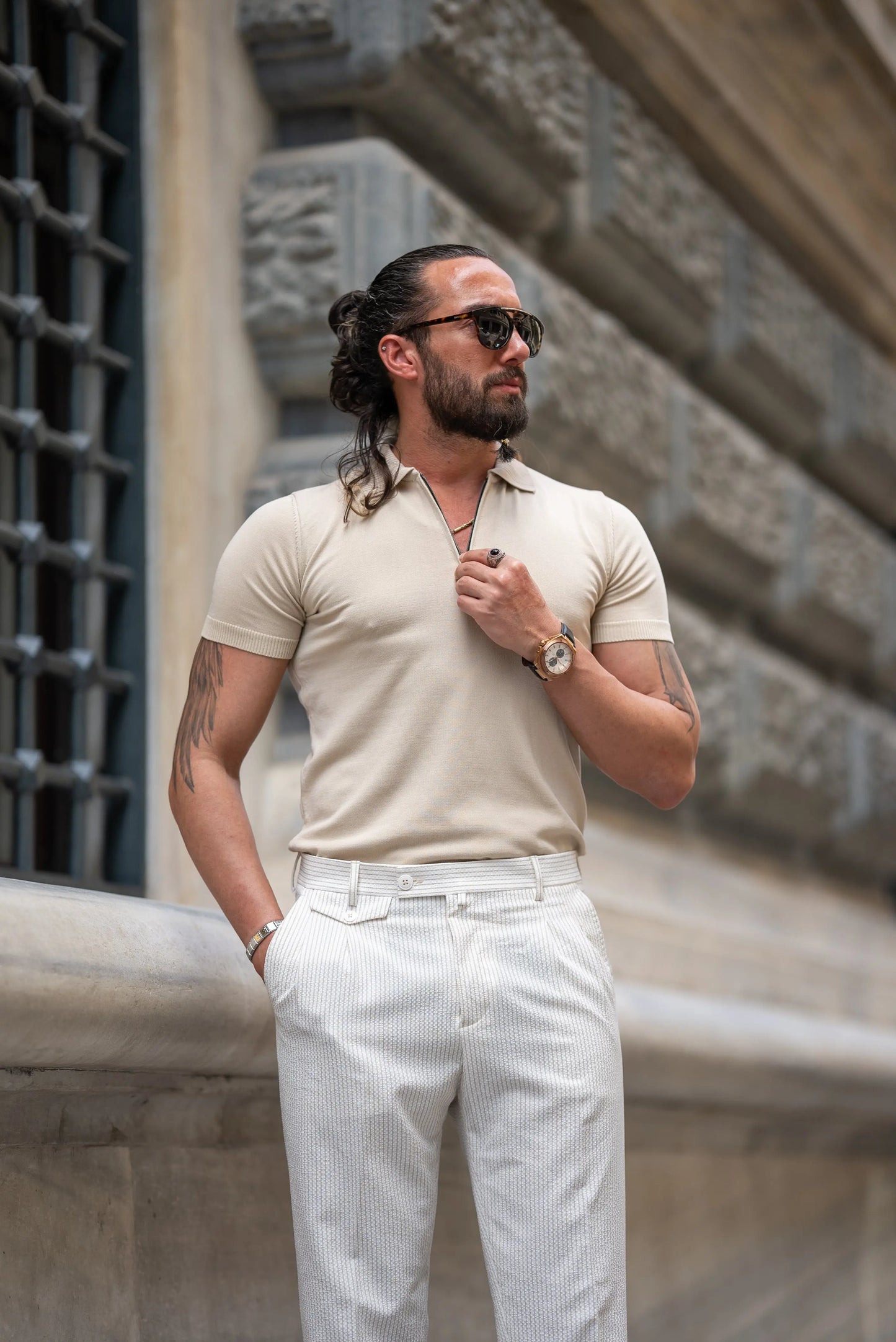 Brabion Tauris Beige Slim Fit Zippers Polo Shirt - BRABION