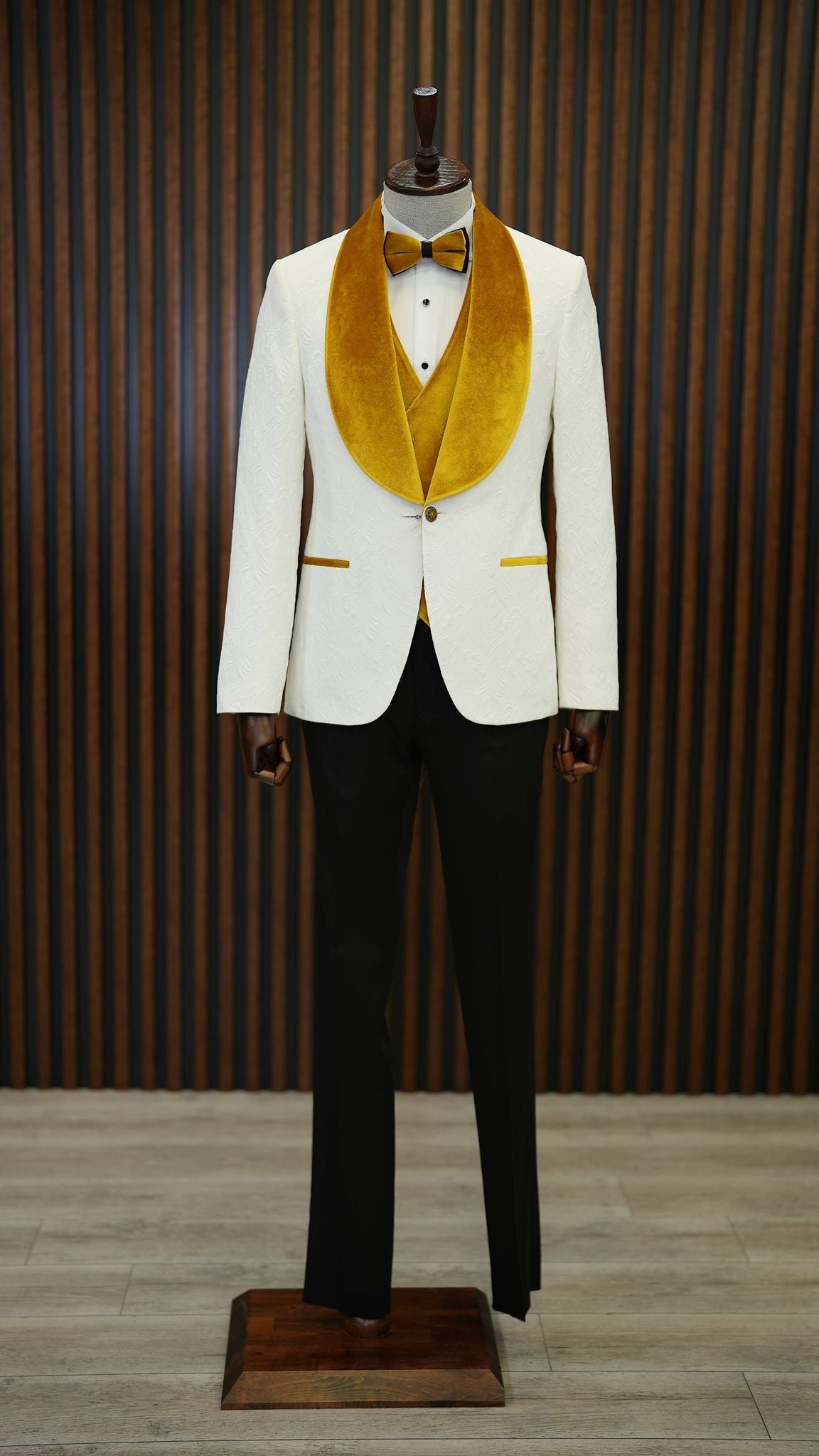 Fiore White Yellow Slim Fit Velvet Shawl Lapel Tuxedo