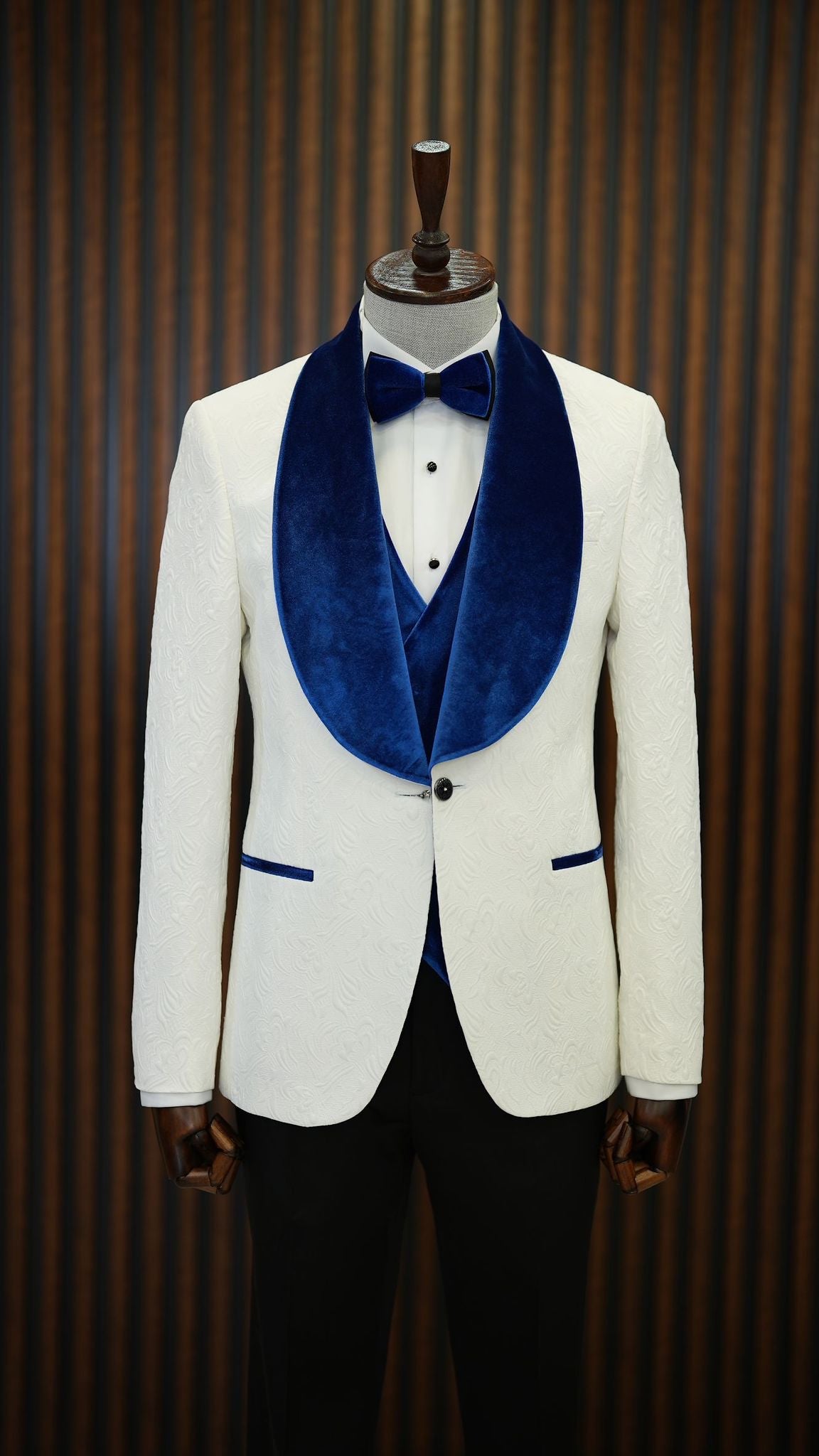 Fiore White Blue Slim Fit Velvet Shawl Lapel Tuxedo