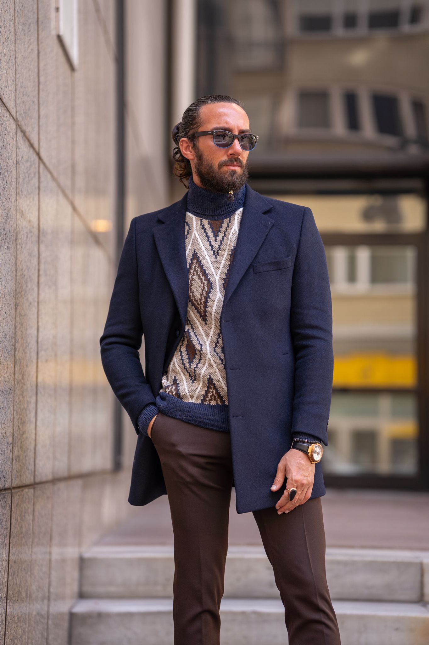 Brabion Navy Blue Slim Fit Single Breasted Long Coat - A Versatile Essential for Any Occasion