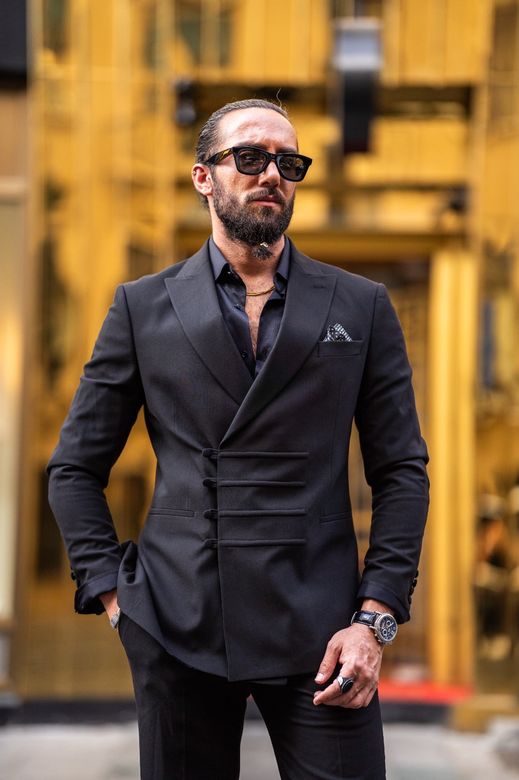 Black Slim Fit Peak Lapel Pinstripe Suit for Men