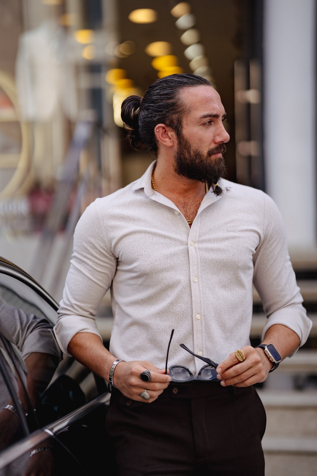 Brabion Ardean Beige Slim Fit Textured Cotton Shirt