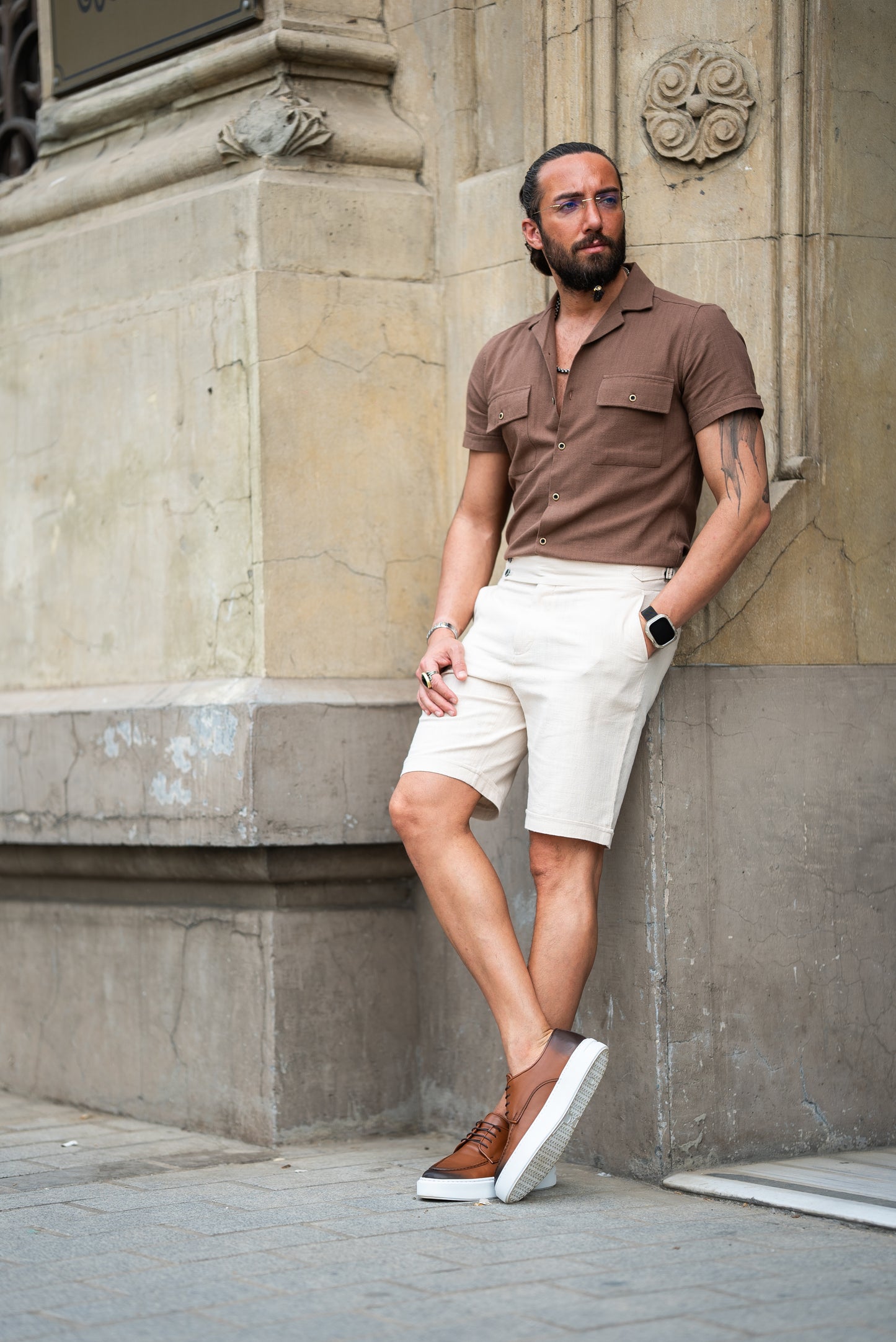 Brabion Maison Brown Slim Fit Textured Cotton Shirt