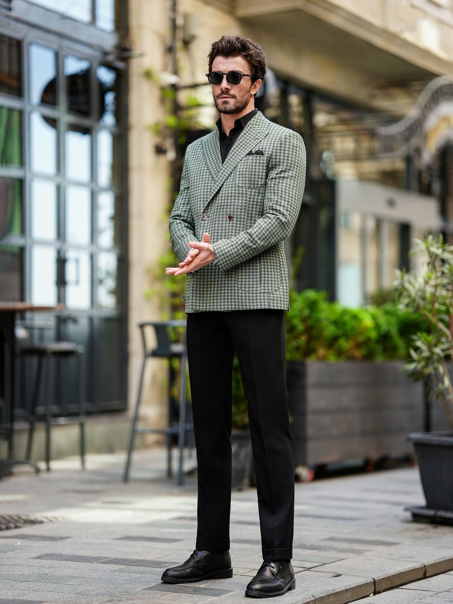 Green Houndstooth Double Breasted Blazer - BRABION