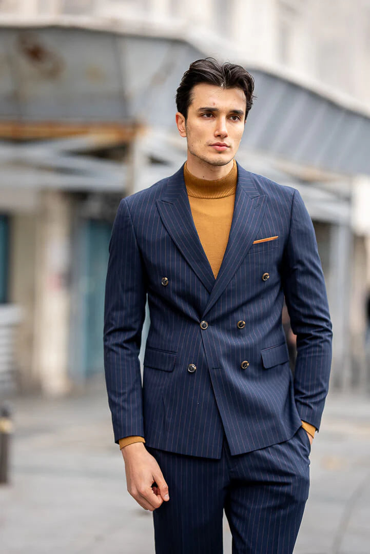 Brabion Double-Breasted Navy Blue Men's Suit