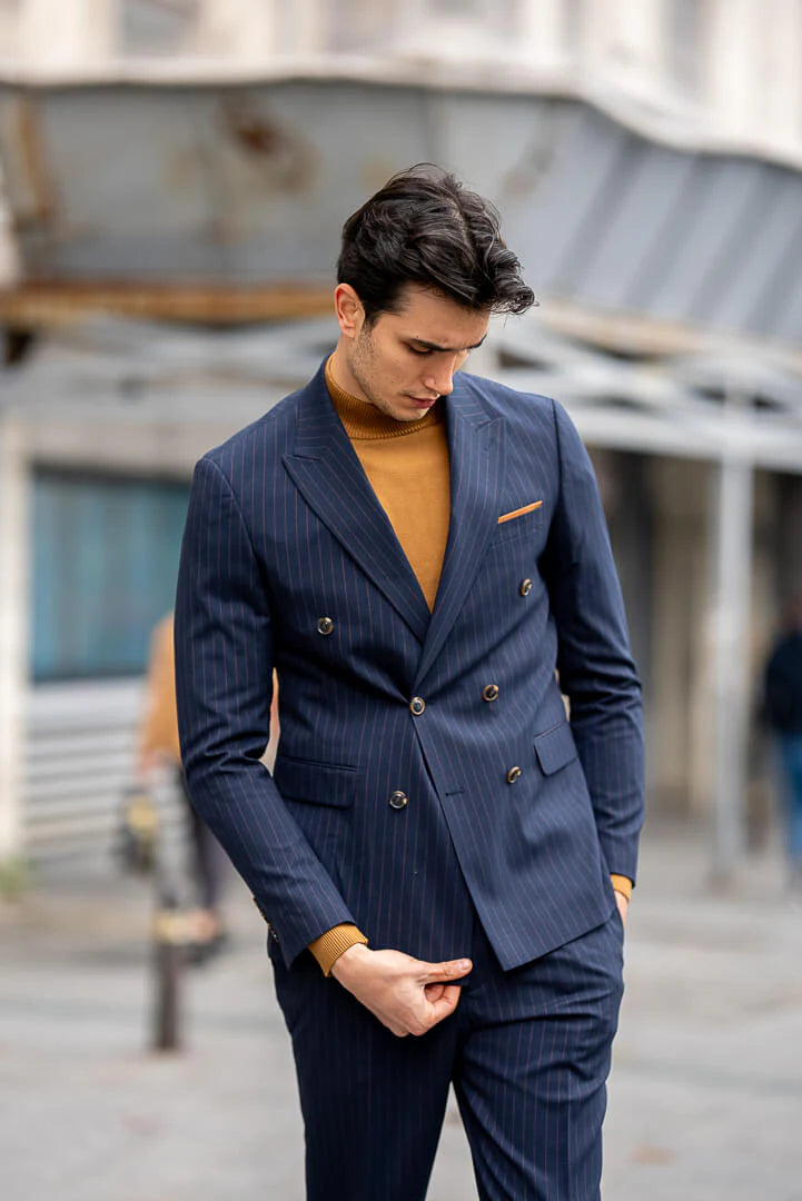 Brabion Double-Breasted Navy Blue Men's Suit