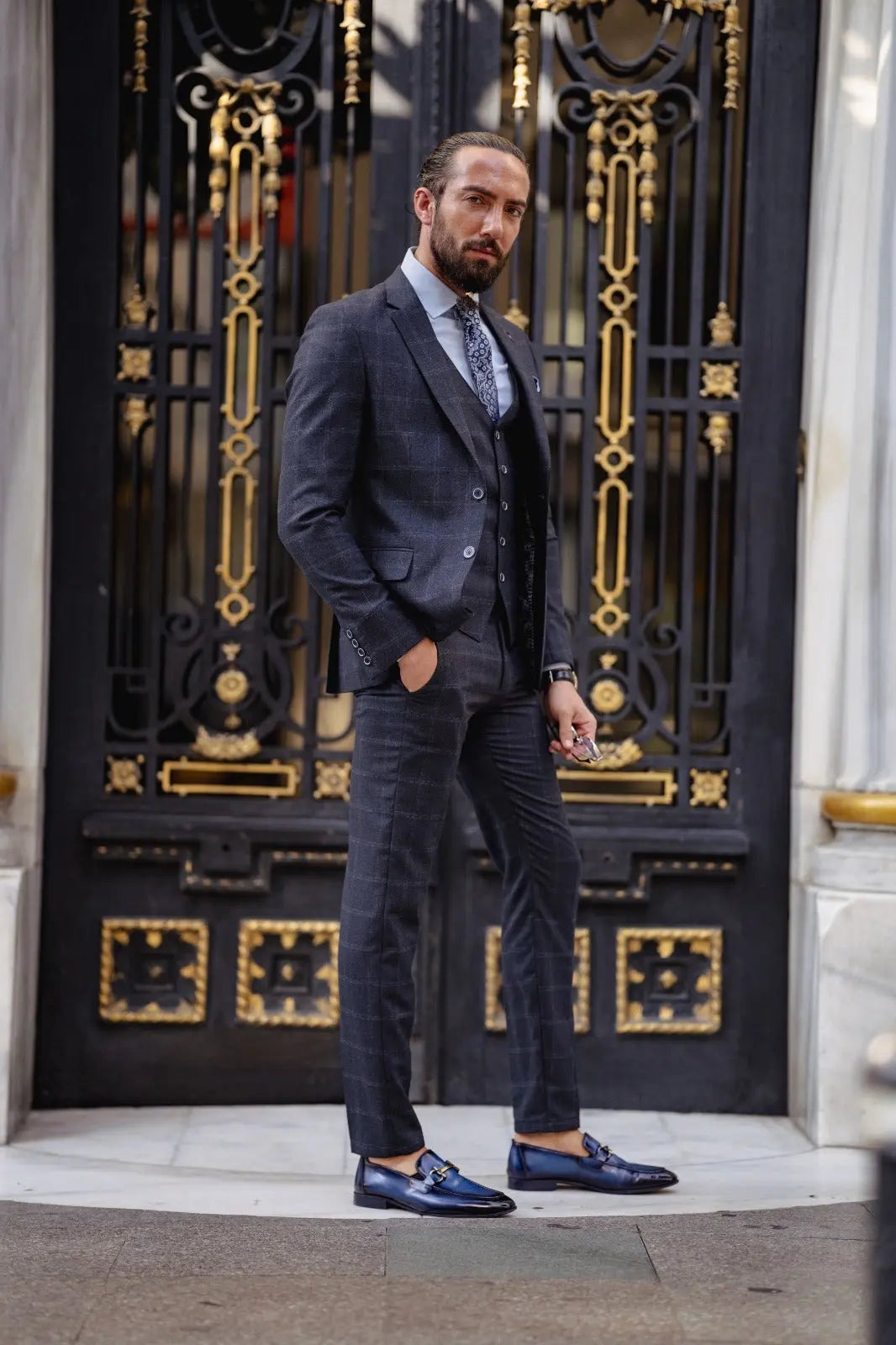 Paris Navy Blue Slim Fit Notch Lapel 3 Piece Check Suit brabion
