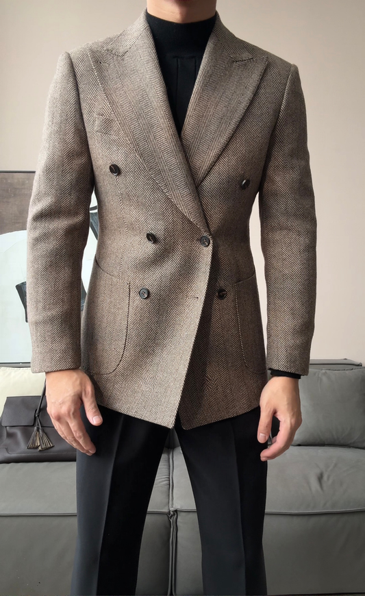 Men’s Retro Herringbone Double-Breasted Blazer