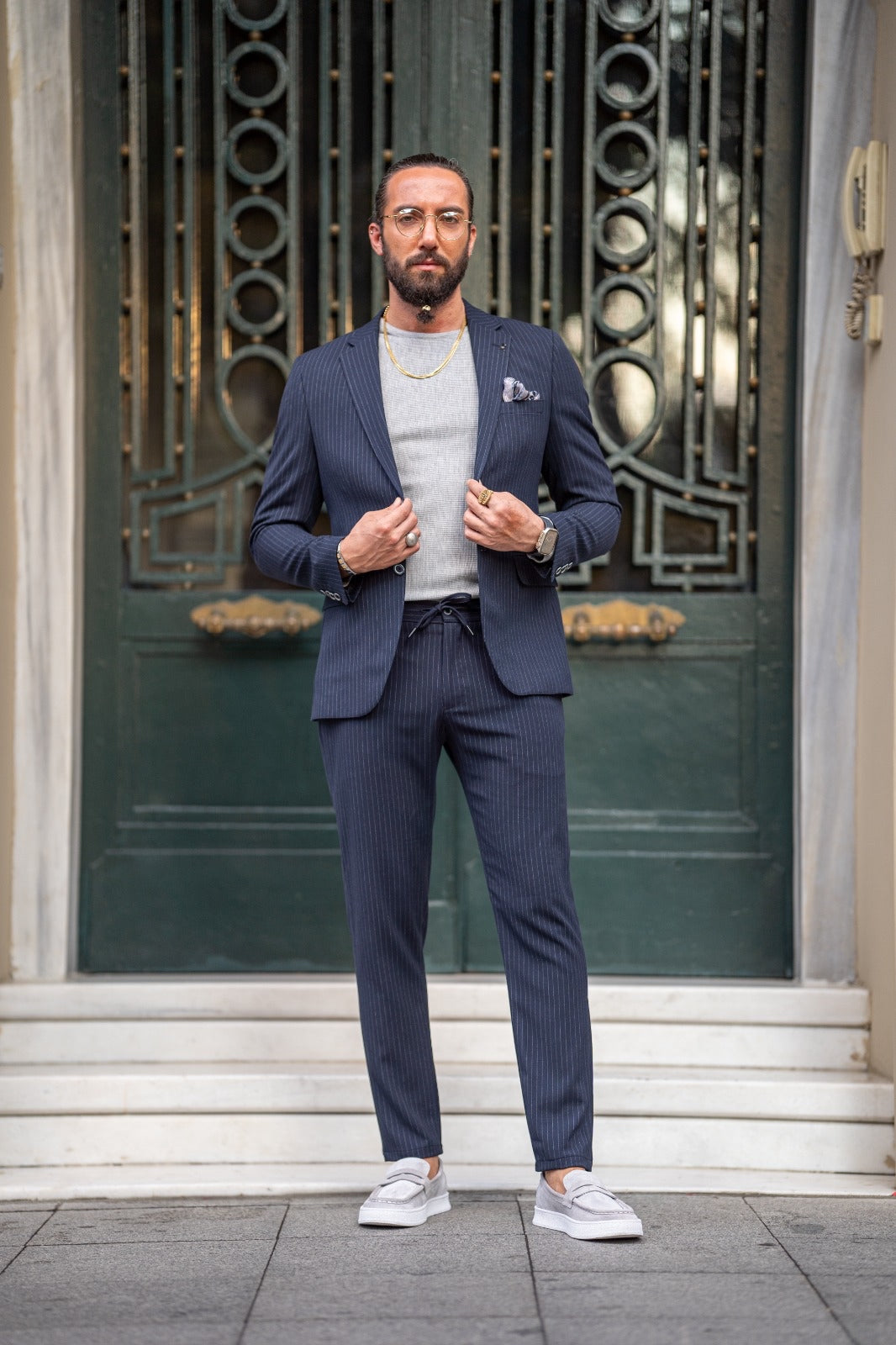 Ardean Navy Blue Slim Fit Notch Lapel Pinstripe Suit