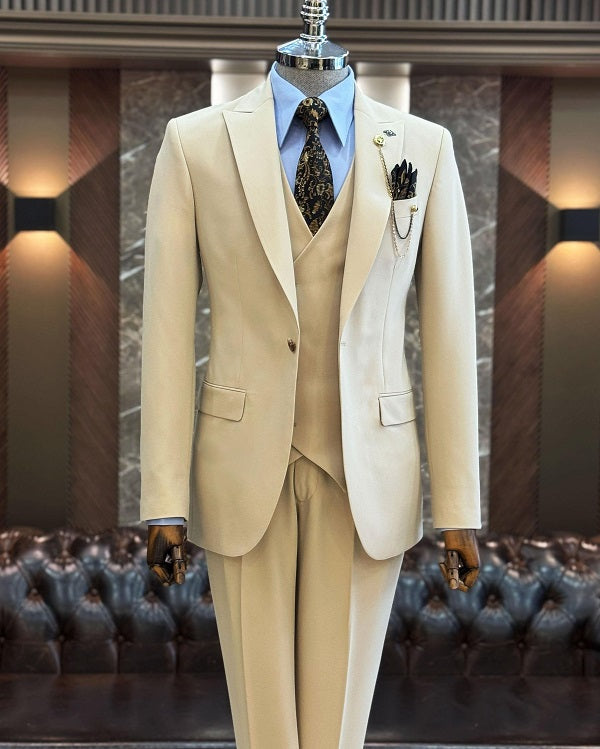 Brabion Abbot Beige Slim Fit Suit - Sophisticated Three-Piece Attire for Every Occasion