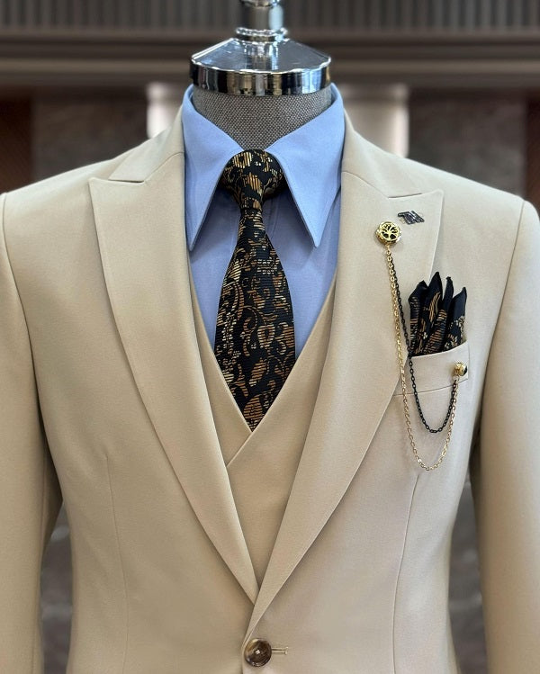 Brabion Abbot Beige Slim Fit Suit - Sophisticated Three-Piece Attire for Every Occasion
