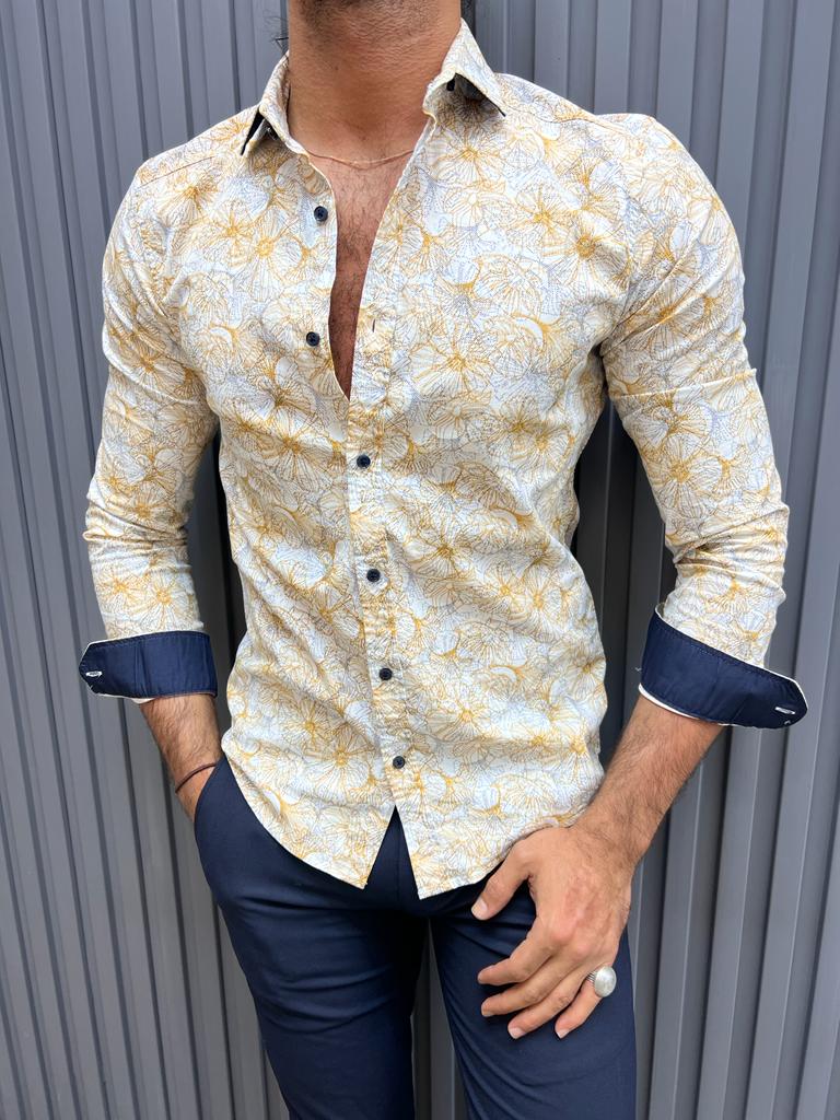 Lyon Beige Slim Fit Long Sleeve Floral Cotton Shirt