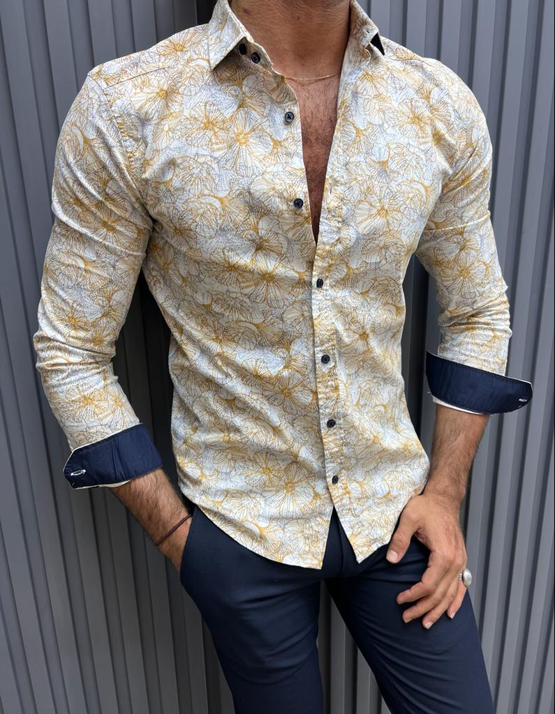 Brabion Lyon Beige Slim Fit Long Sleeve Floral Cotton Shirt