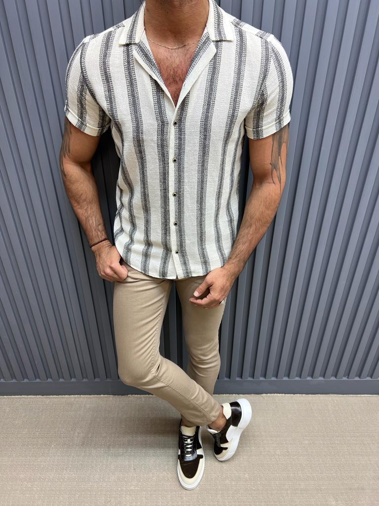 Lyon Beige Slim Fit Short Sleeve Striped Cotton Shirt