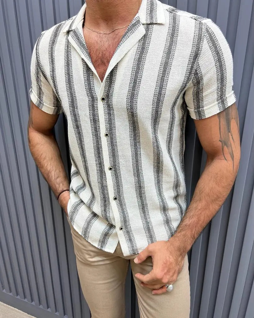 Brabion Lyon Beige Slim Fit Short Sleeve Striped Cotton Shirt - BRABION