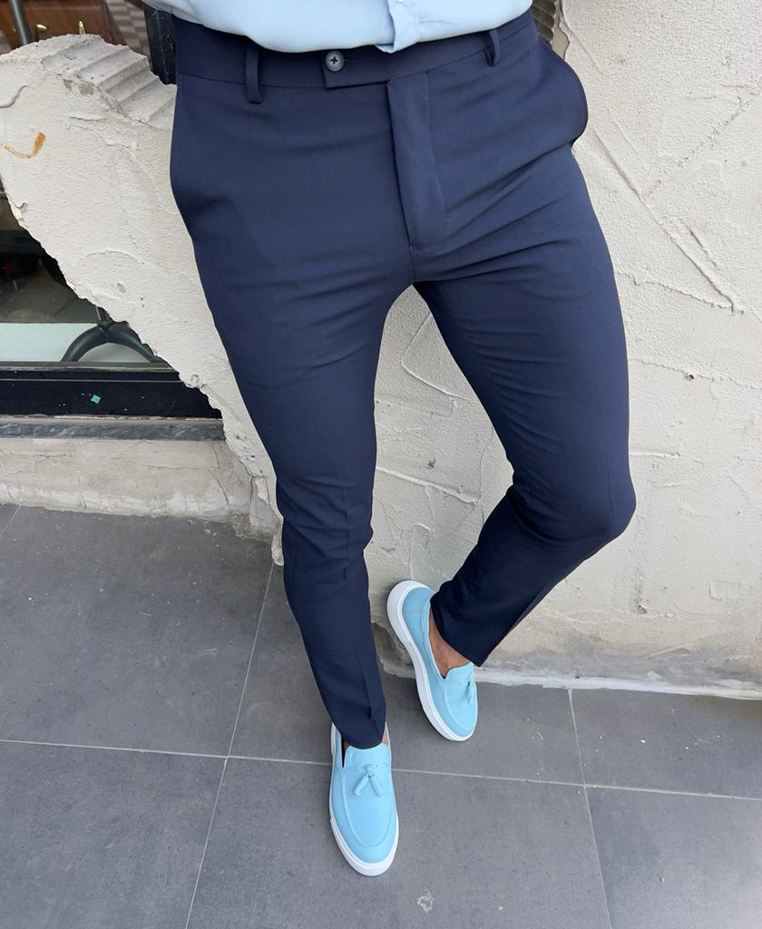 Mens Blue Pants Black Shoes Lyon Navy Blue Slim Fit Pants Stylish