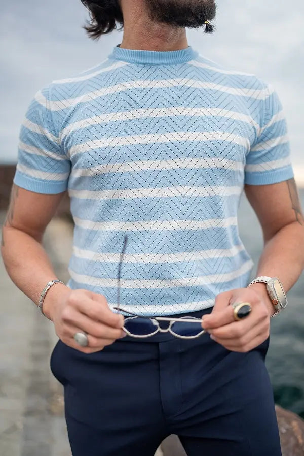 Brabion Sorento Blue Crewneck Striped T-Shirt - Slim Fit Comfort - BRABION