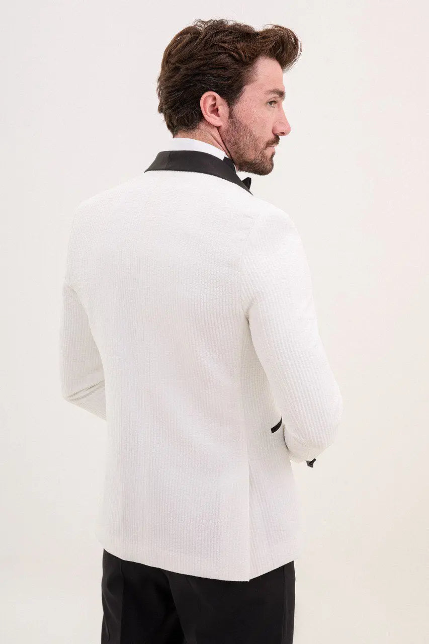 Brabion Rocco White Slim Fit Double Breasted Striped Tuxedo - BRABION